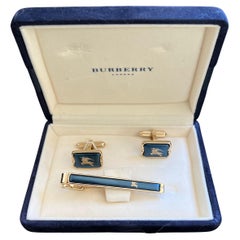 Vintage Burberry Gold Plate Manschettenknöpfe & Krawattenklammer n Originaletui, ca. 1990er Jahre