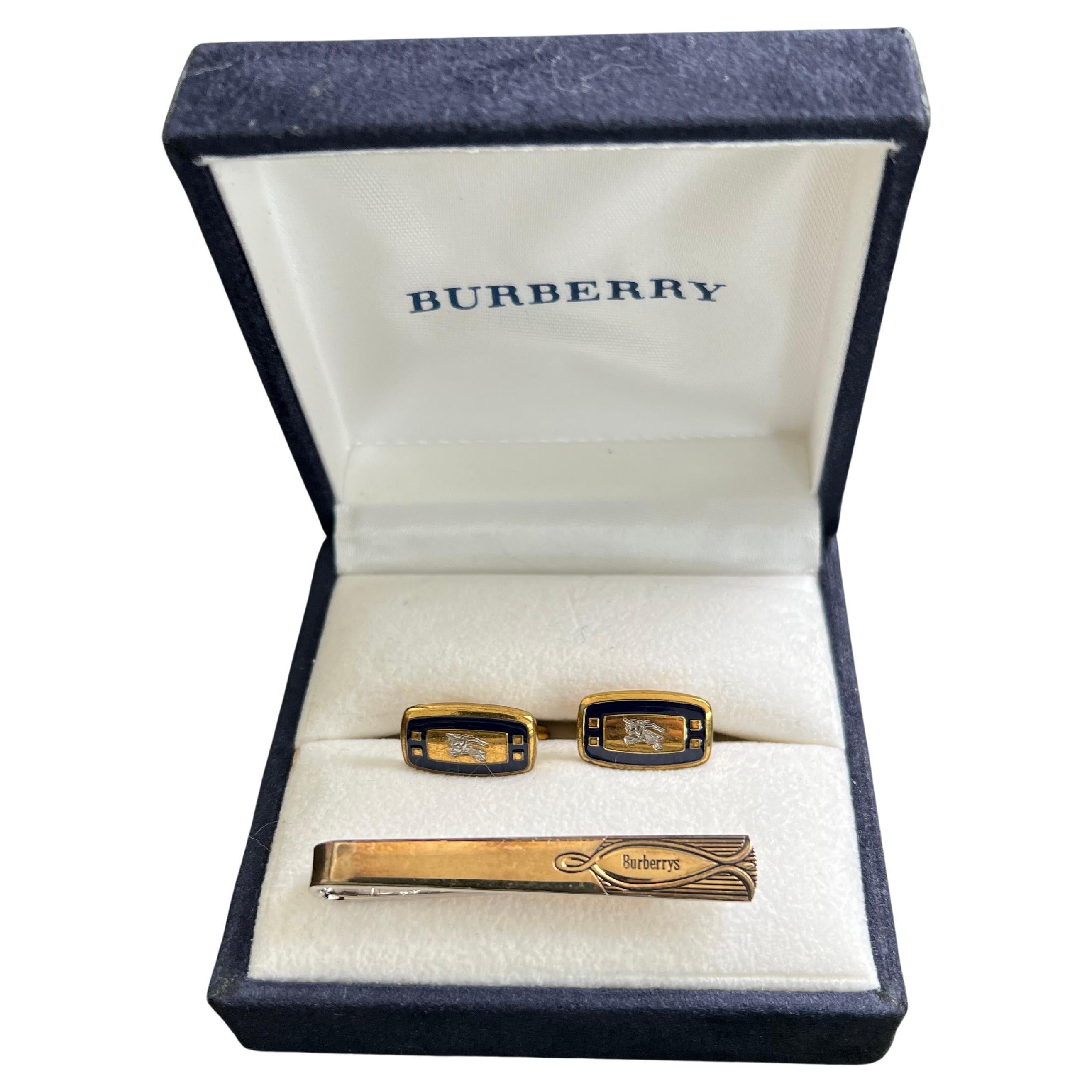 Vintage Burberry Gold Plate Cufflinks&Tie Clip In Original Case, “Circa 1970s”