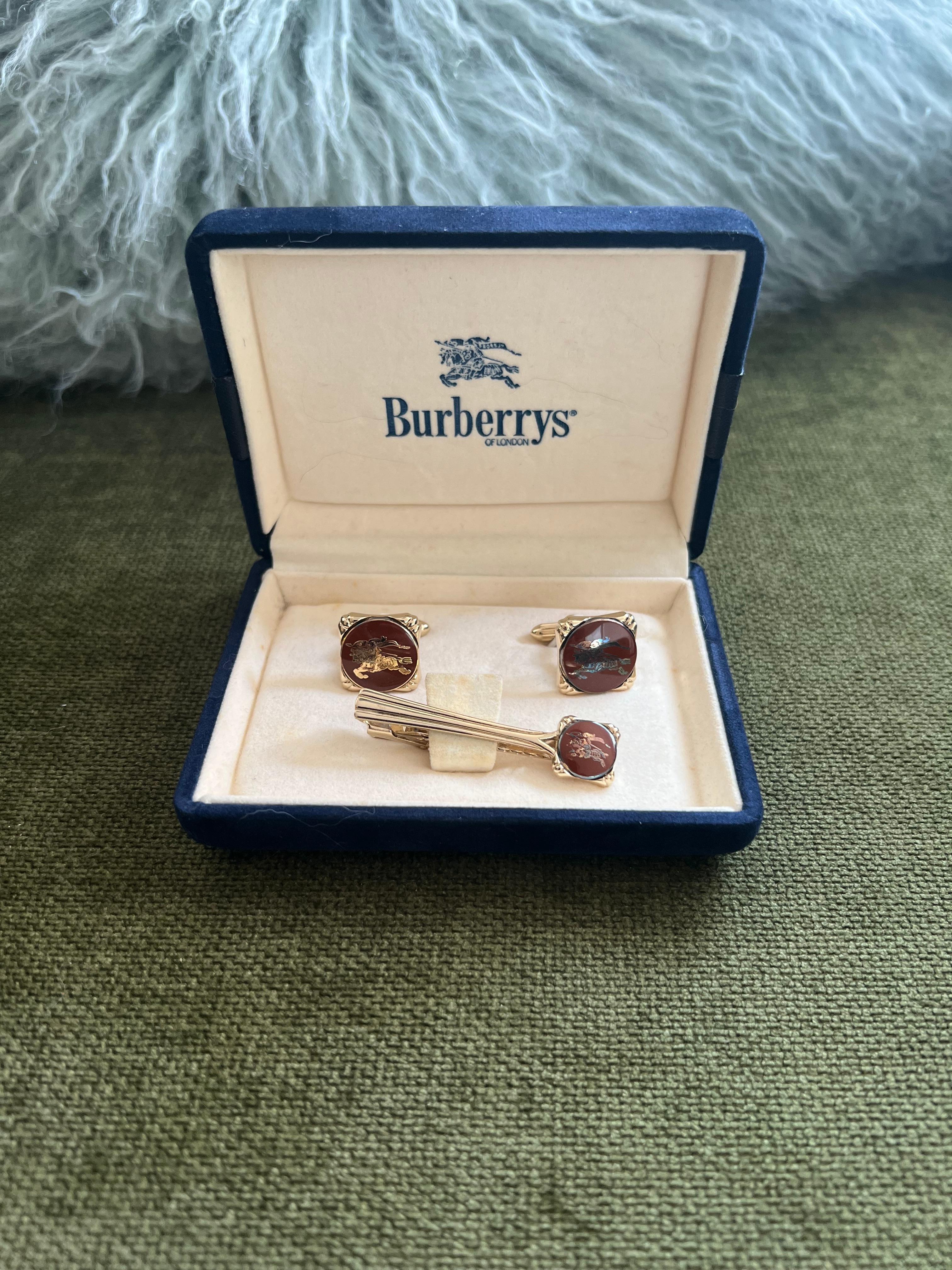 Vintage Burberry Gold Platte & Rot Lack Manschettenknöpfe & Krawattenklammer 