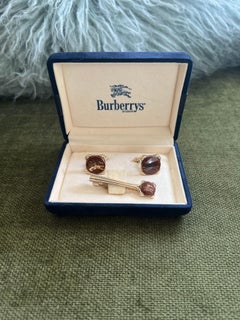 Vintage Burberry Gold Plate & Red Lacquer Cufflinks & Tie Clip “Circa 1970s”