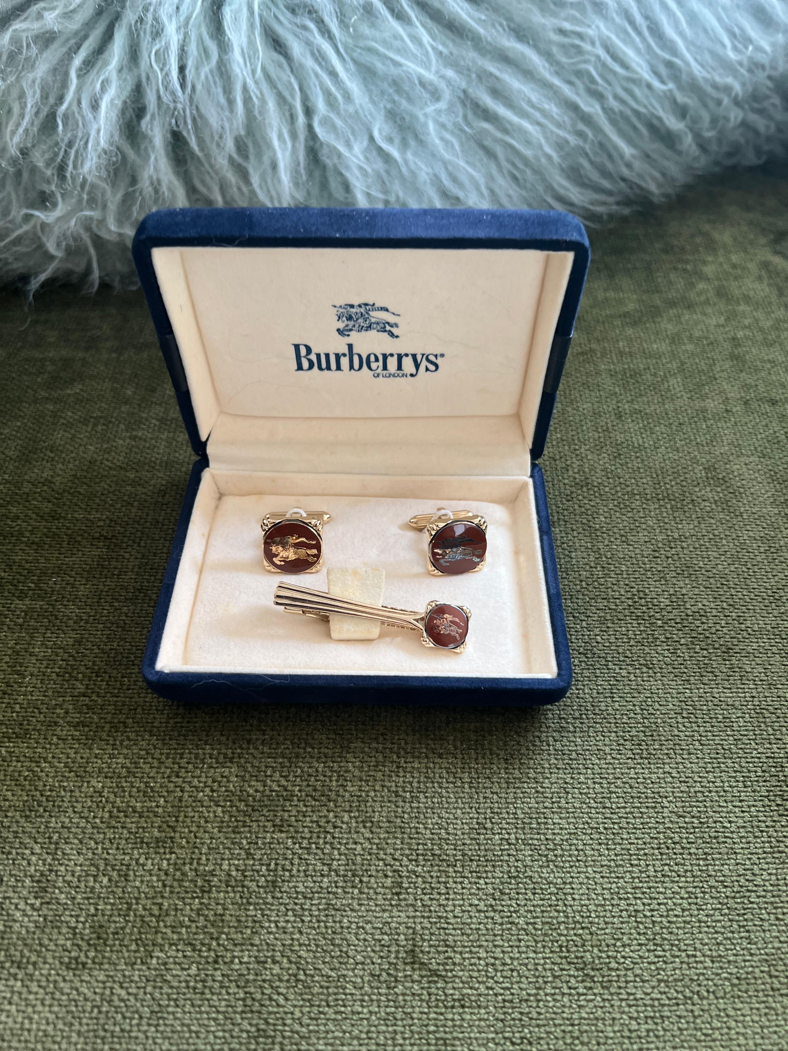 Vintage Burberry Gold Platte & Rot Lack Manschettenknöpfe & Krawattenklammer 