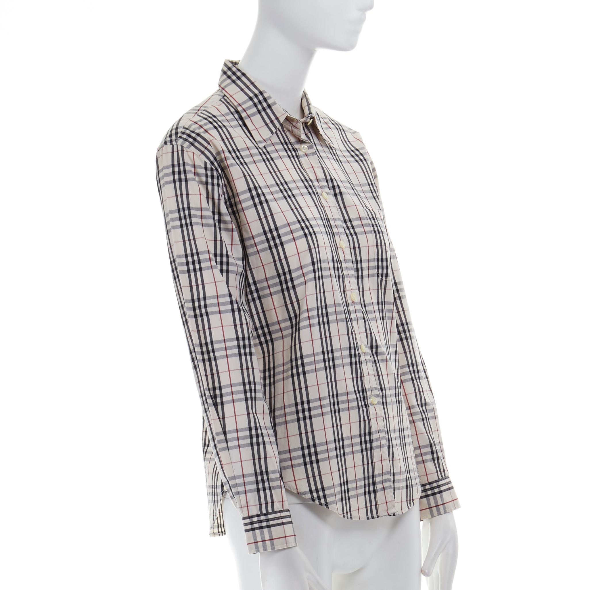 vintage BURBERRY House Check cotton long sleeve slim fit shirt top M 
Référence : CNLE/A00037 
Marque : Burberry 
Matériau : Coton 
Couleur : Beige 
Motif : Check 
Fermeture : bouton 
Détail supplémentaire : Signature House Check. Collier large.