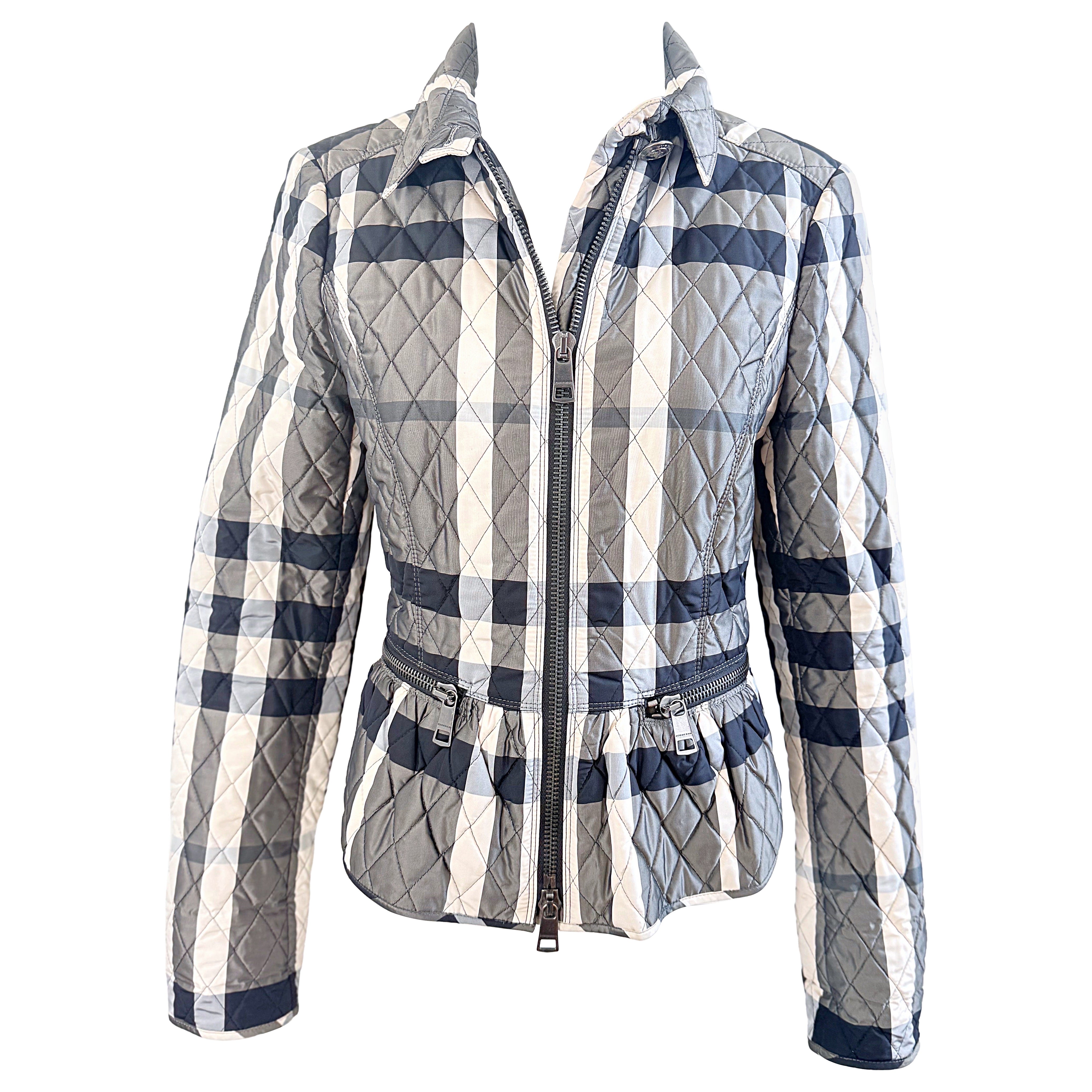 Vintage Burberry London, Größe 8, graue Peplum-Jacke mit Nova-Check-Muster und Steppung, Damenmantel