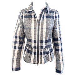 Vintage Burberry London Size 8 Gray Nova Check Quilted Peplum Jacket Womens Coat
