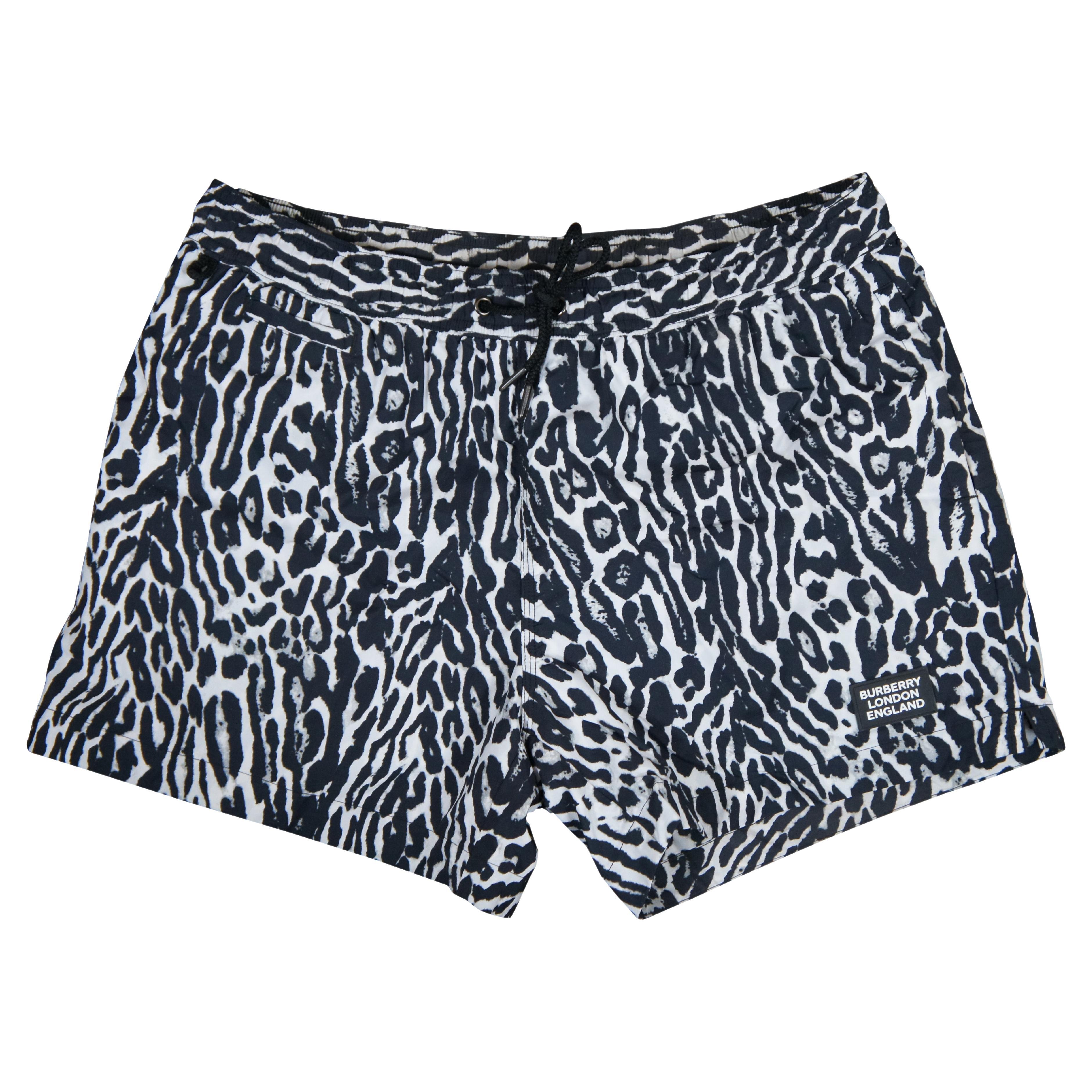 Vintage Burberry Nylon Mens Black White Leopard Print Swim Trunk