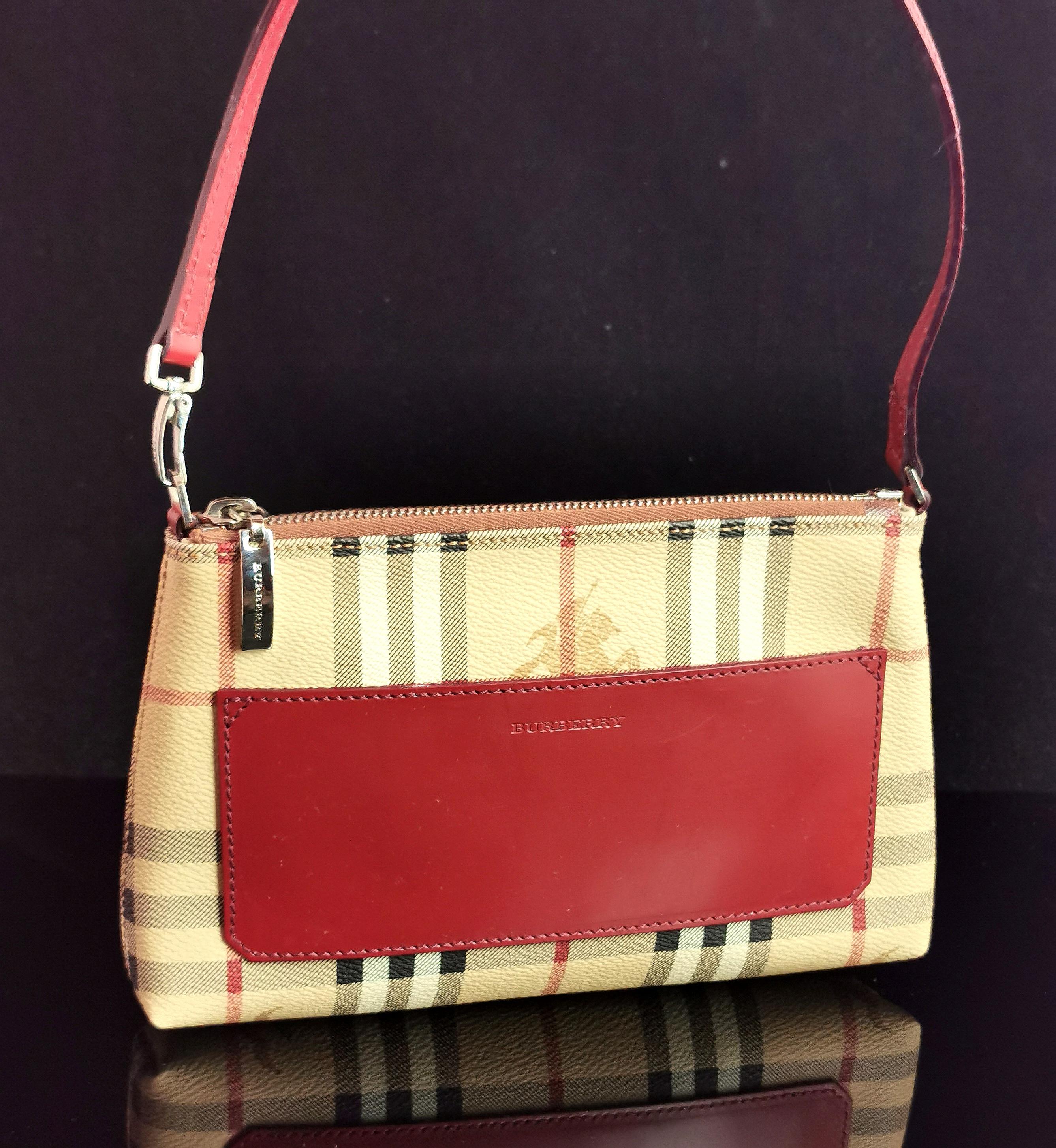 Vintage Burberry Pochette handbag, Nova check and red leather 6