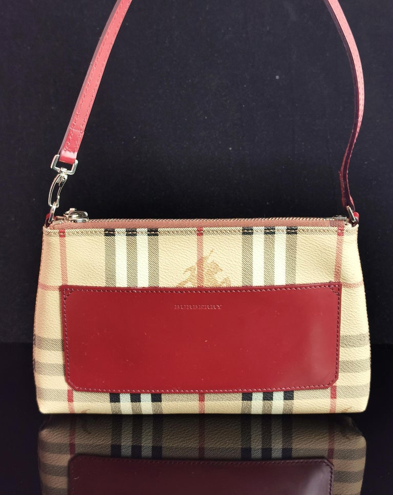 Vintage Burberry Pochette handbag, Nova check and red leather at