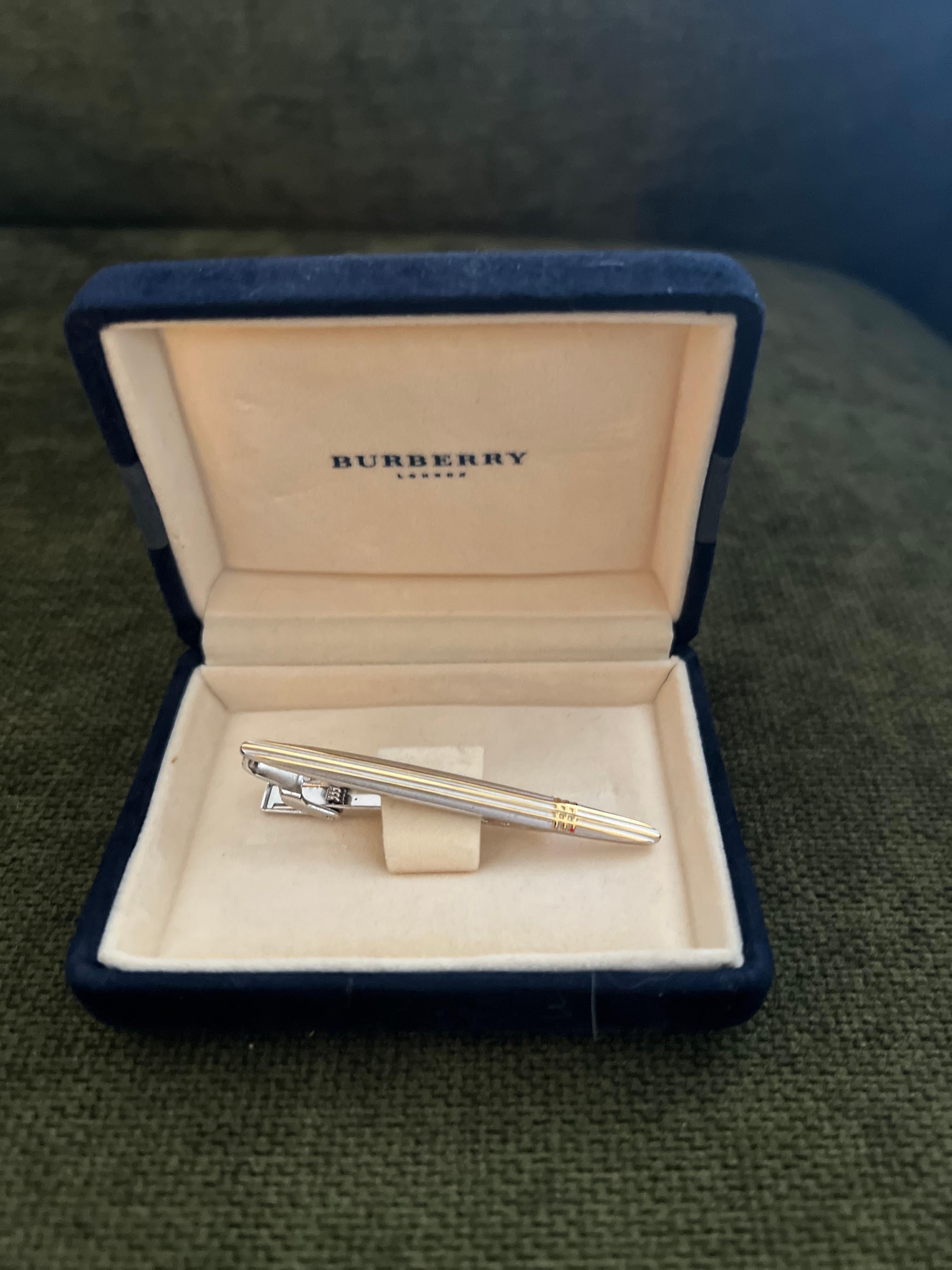 Vintage Burberry Stahl & Gold Krawattenklammer n Original Etui, 