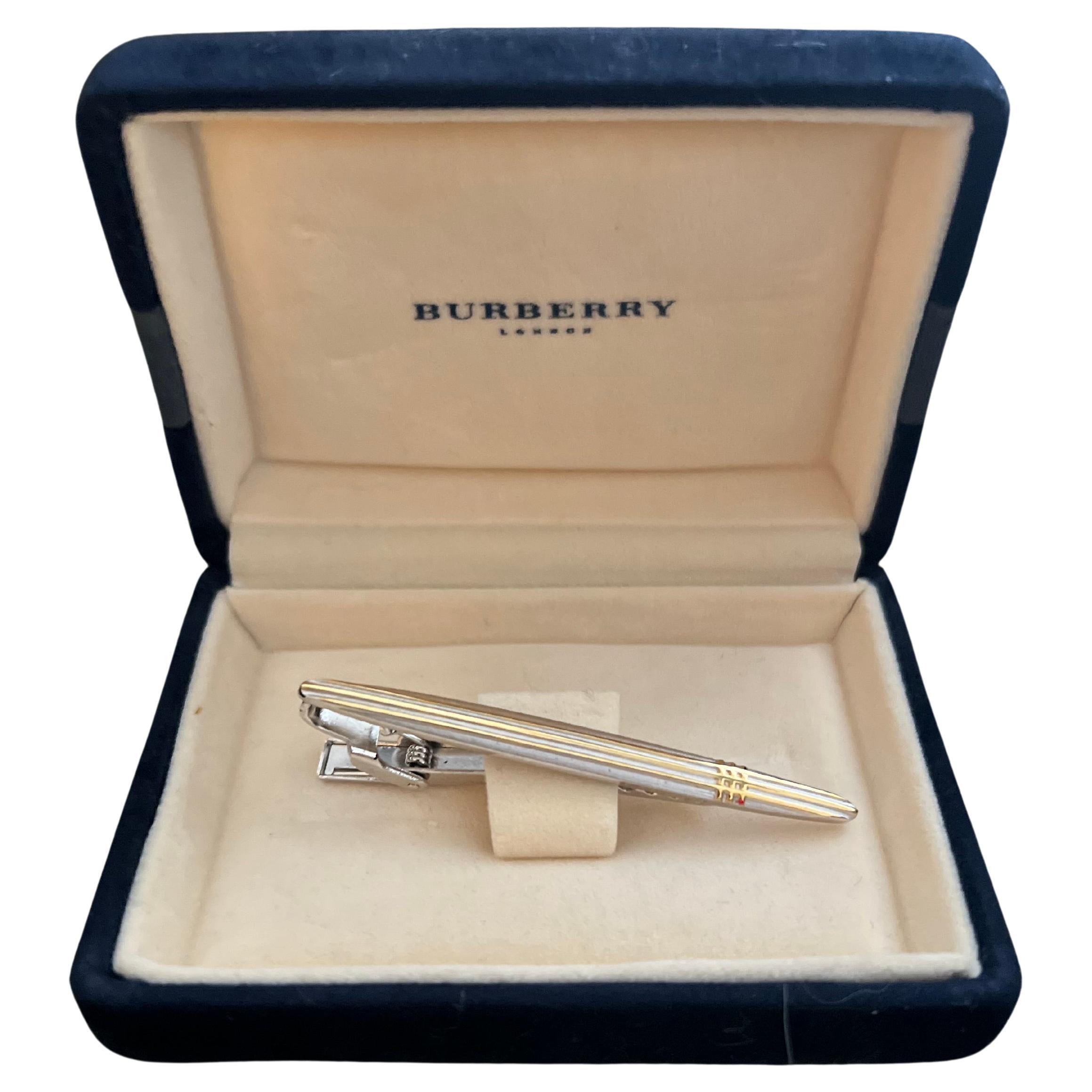 Vintage Burberry Steel & Gold Plate & Tie Clip In Original Case, Circa 1990