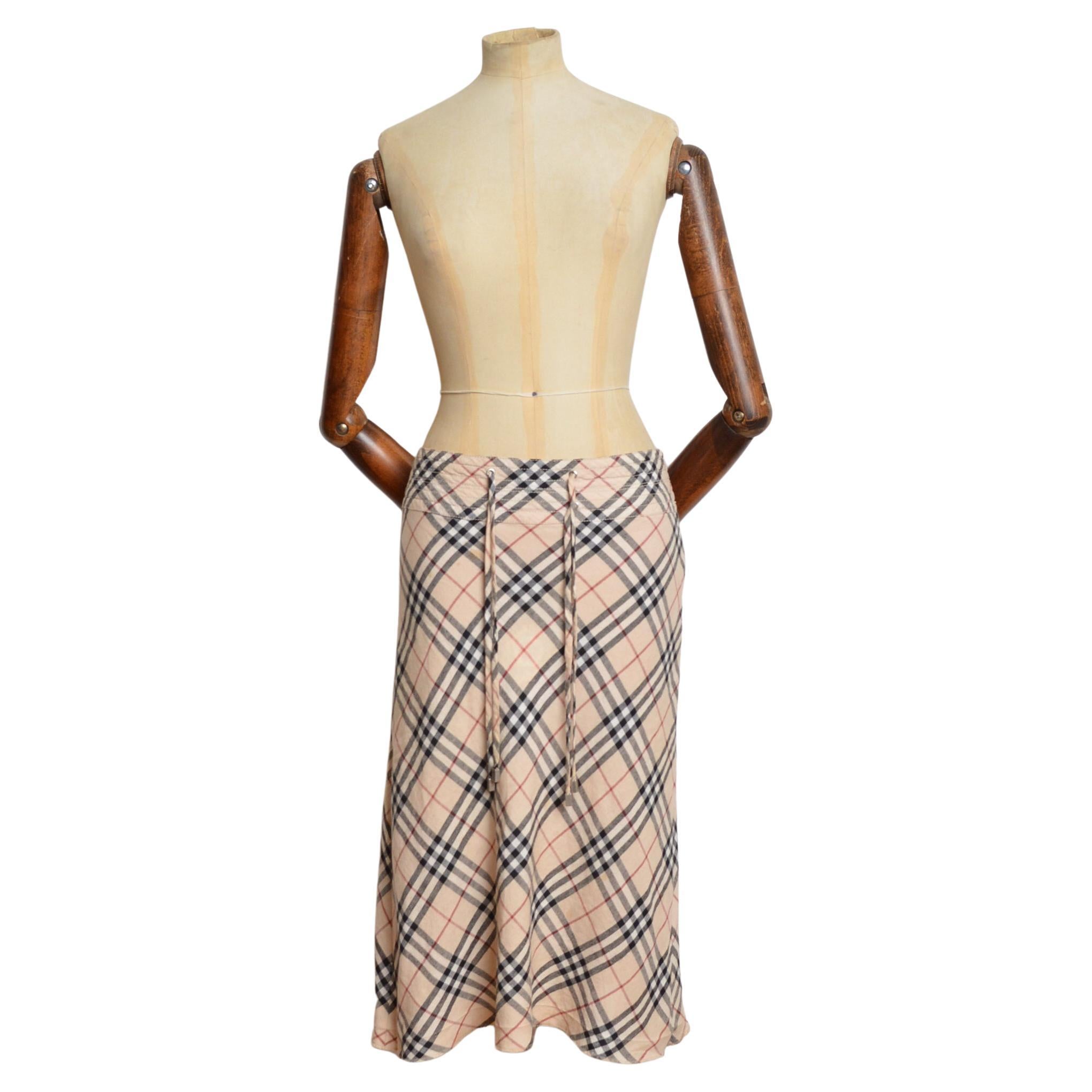 Vintage Burberry Y2k Nova Check Low waisted linen Midi floaty Skirt For Sale