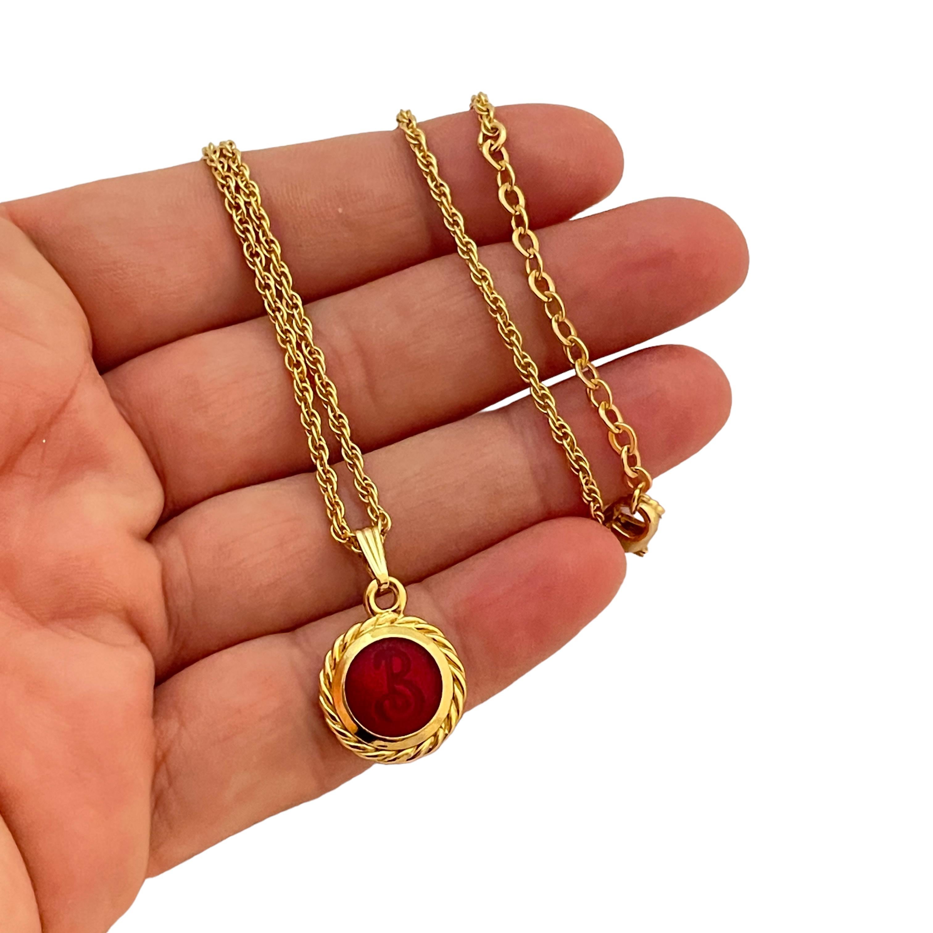 Women's or Men's Vintage BURBERRY'S logo gold red enamel designer runway necklace For Sale