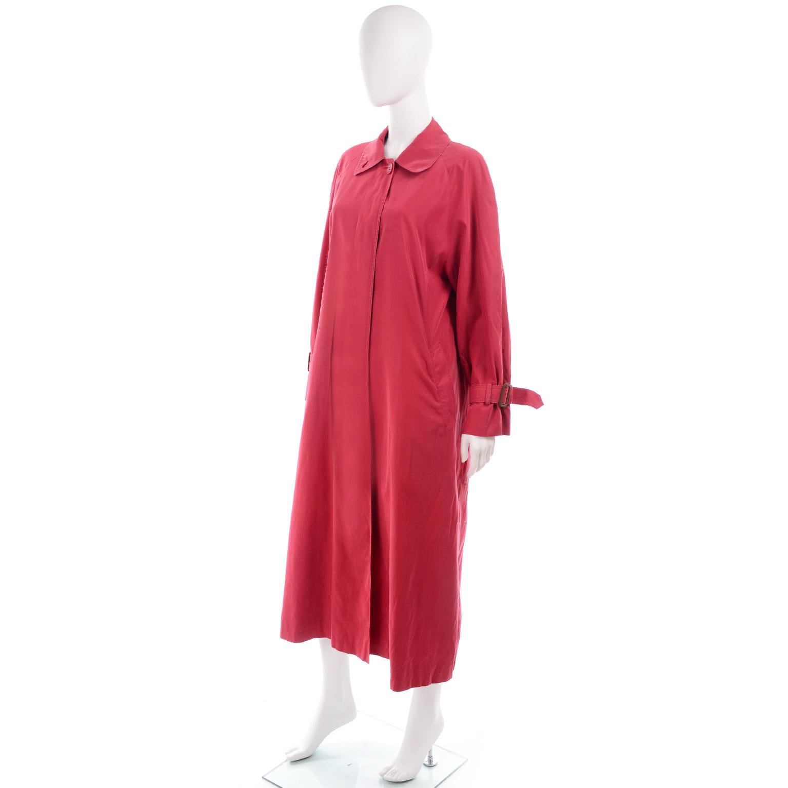 Vintage Burberrys Raspberry Red Raincoat W Haymarket Check Tartan Lining & Belt In Excellent Condition In Portland, OR