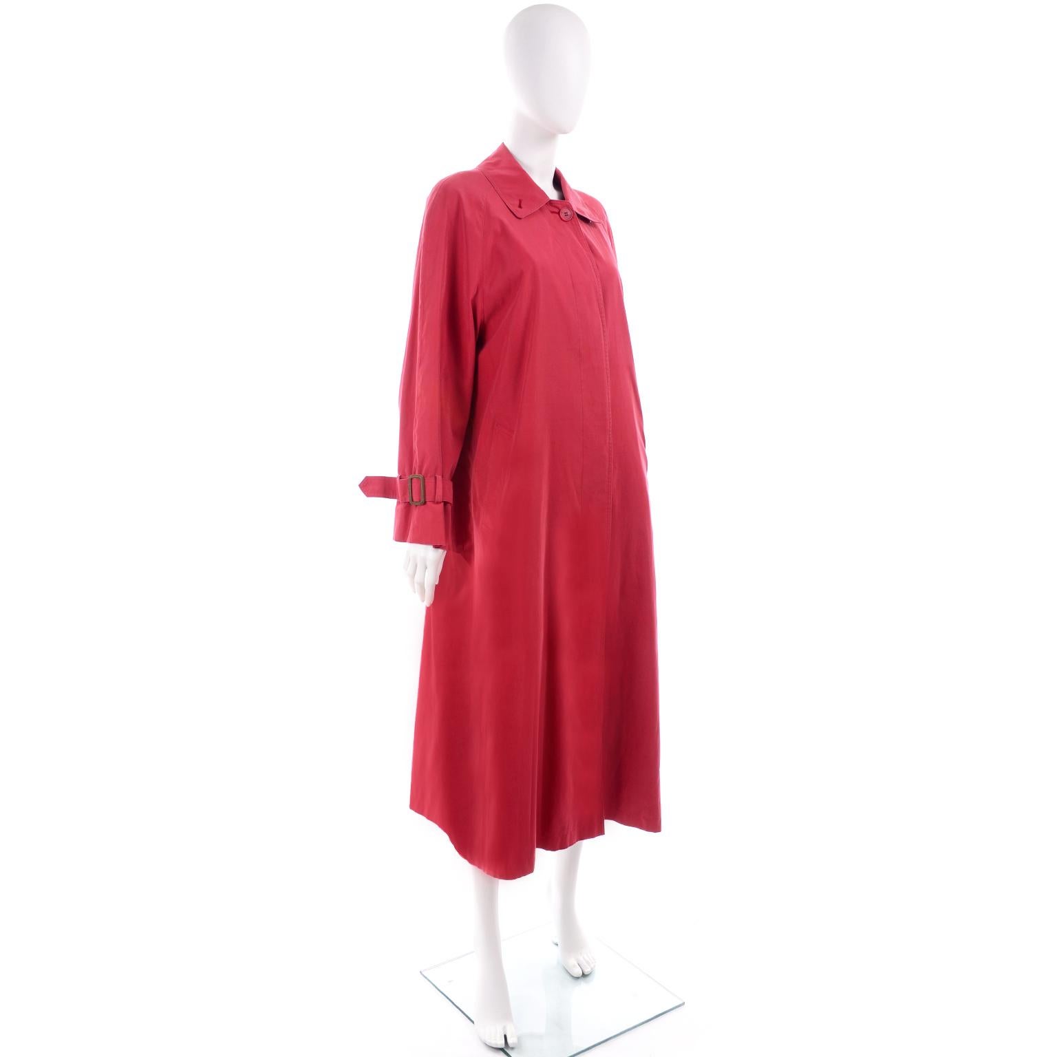 Vintage Burberrys Raspberry Red Raincoat W Haymarket Check Tartan Lining & Belt 1