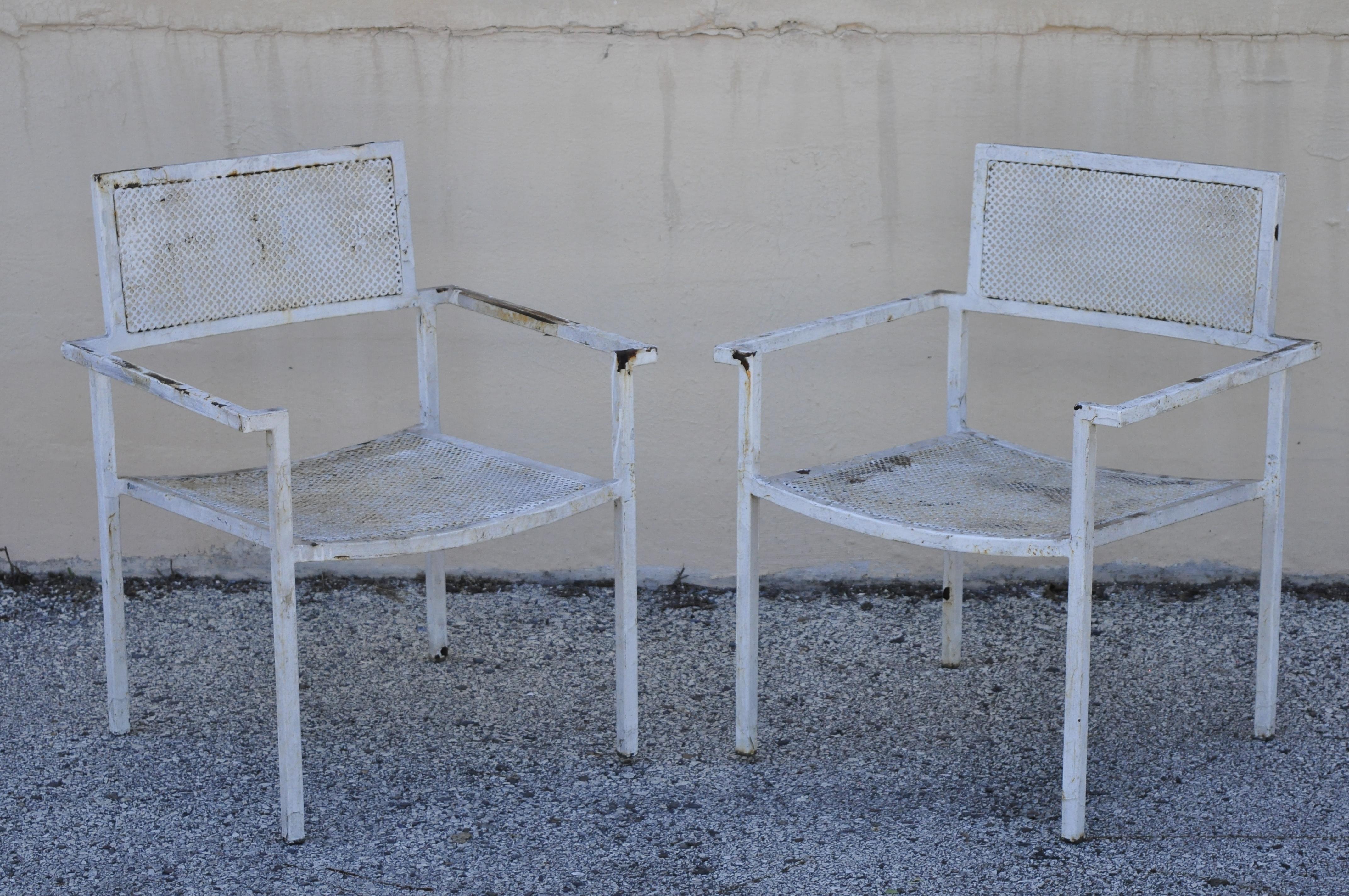 Vintage burgess England Mid-Century Modern iron metal patio set chairs loveseat. Listing includes (1) Loveseat, (2) armchairs, (2) side tables, perforated design, wrought iron construction, original label, clean modernist lines, quality English