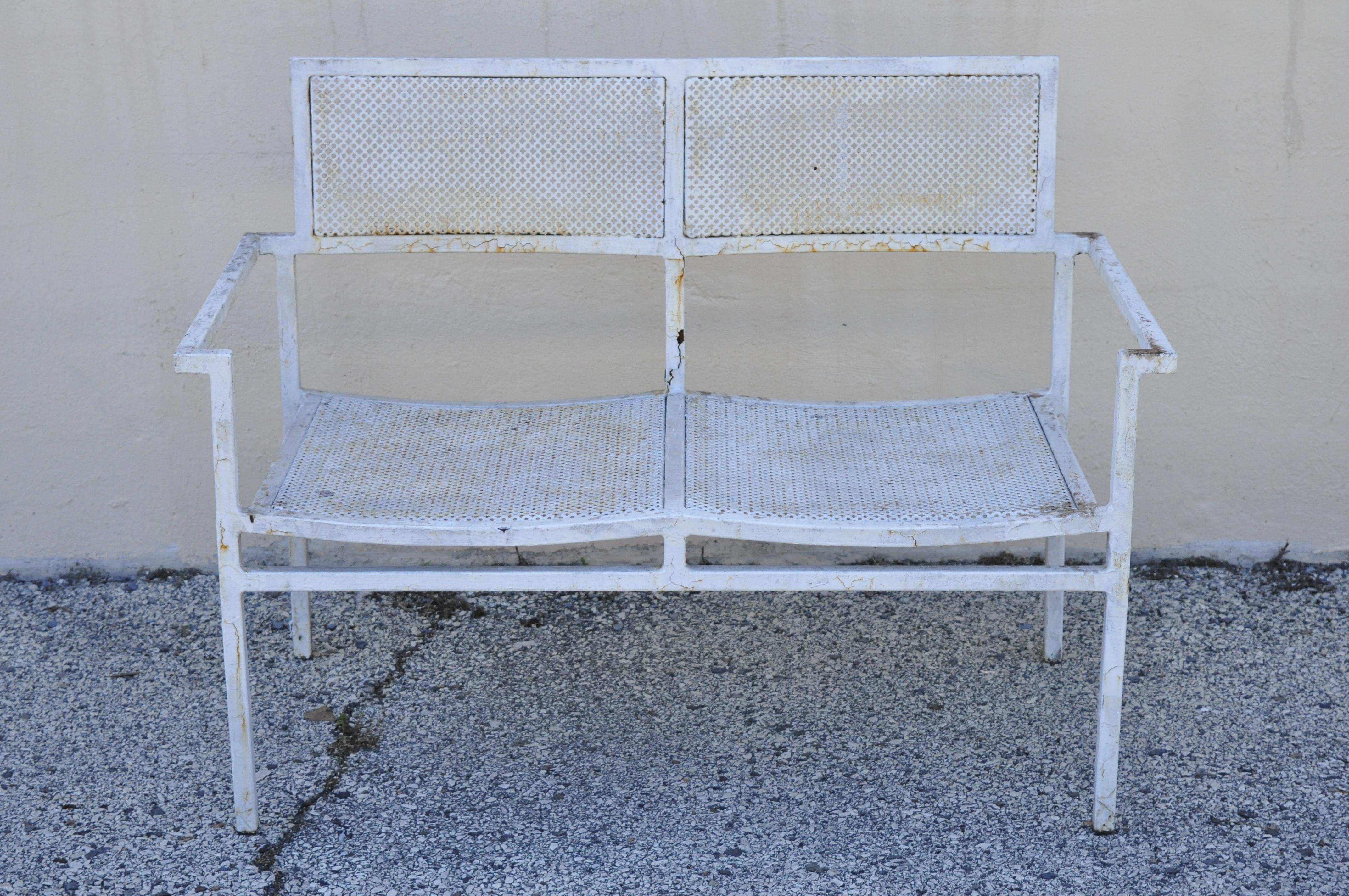 Vintage Burgess England Mid-Century Modern Iron Metal Patio Set Chairs Loveseat In Good Condition For Sale In Philadelphia, PA