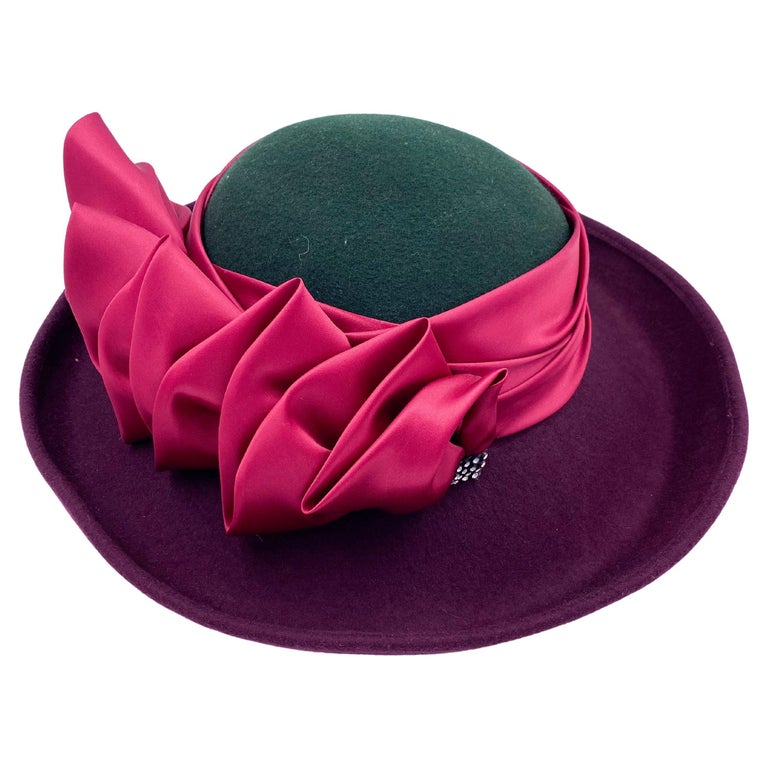 Vintage Burgundy and Green Wool Hat with Pink Satin Ribbon  display picture 2