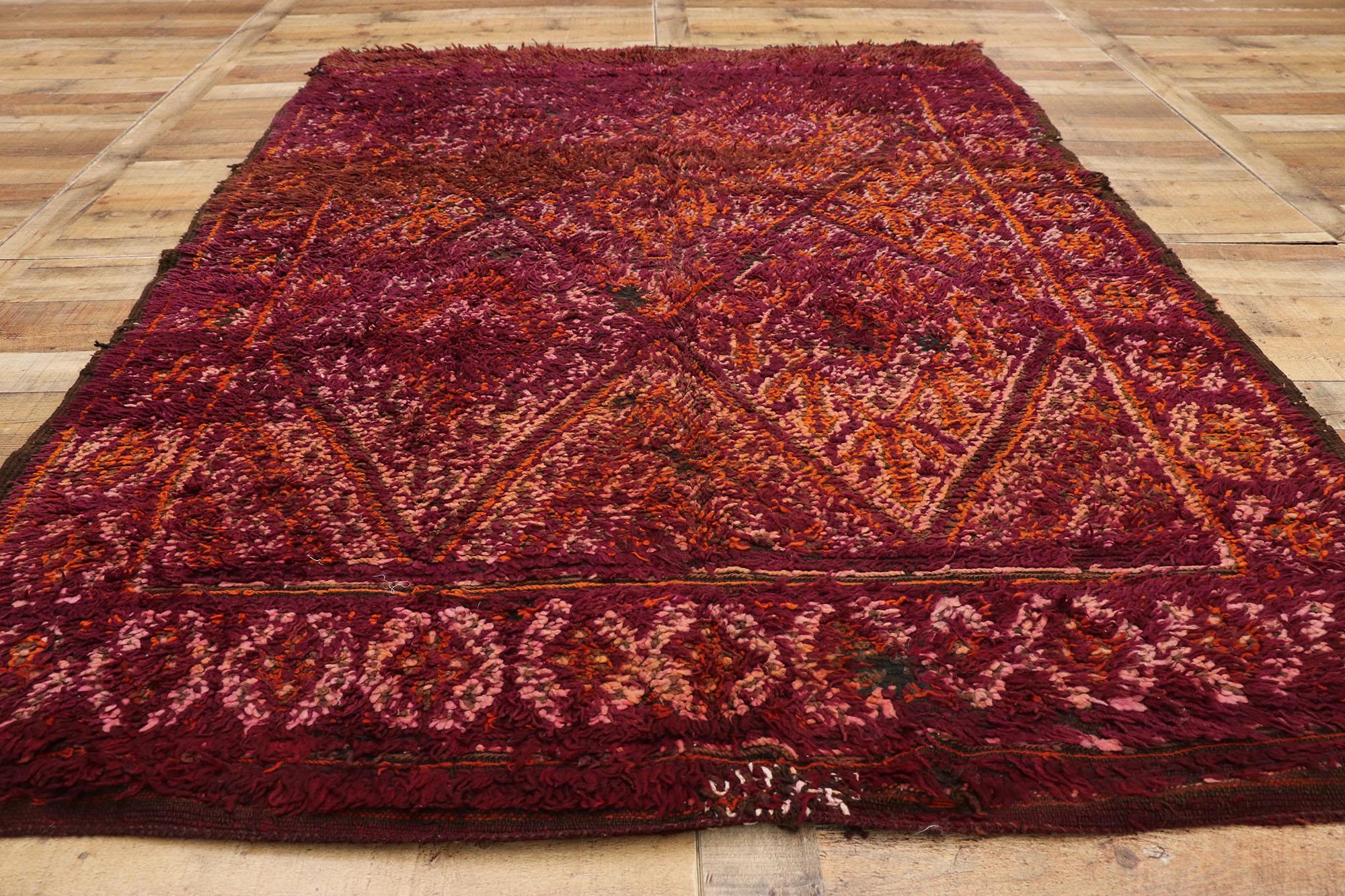 Vintage Burgundy Beni M'Guild Moroccan Rug with Retro Modern Style In Good Condition In Dallas, TX