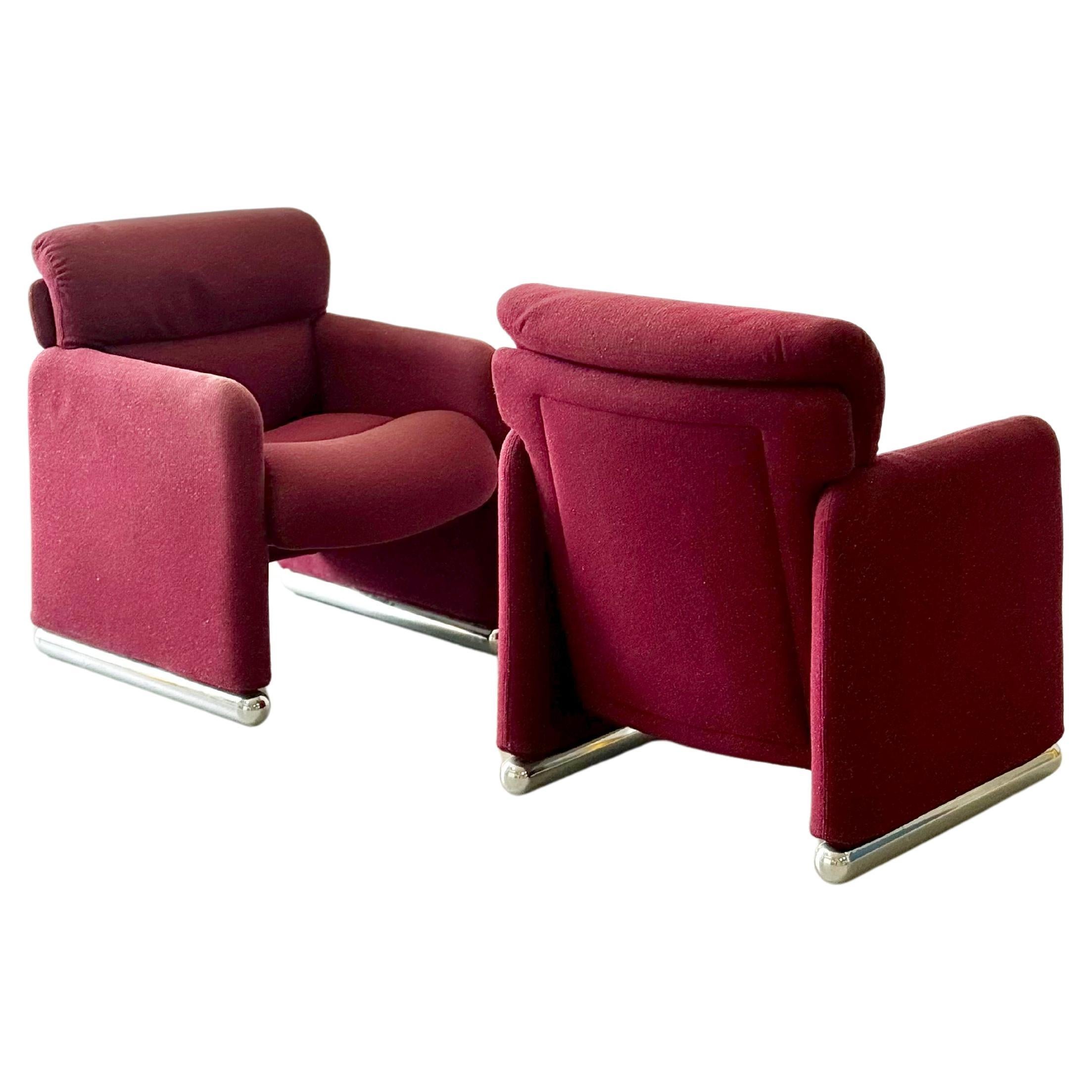 Vintage Burgundy Club Chairs with Tubular Chrome Base For Sale