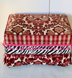 Vintage Burgundy Cut Velvet Ottoman Pouff with Ftinges