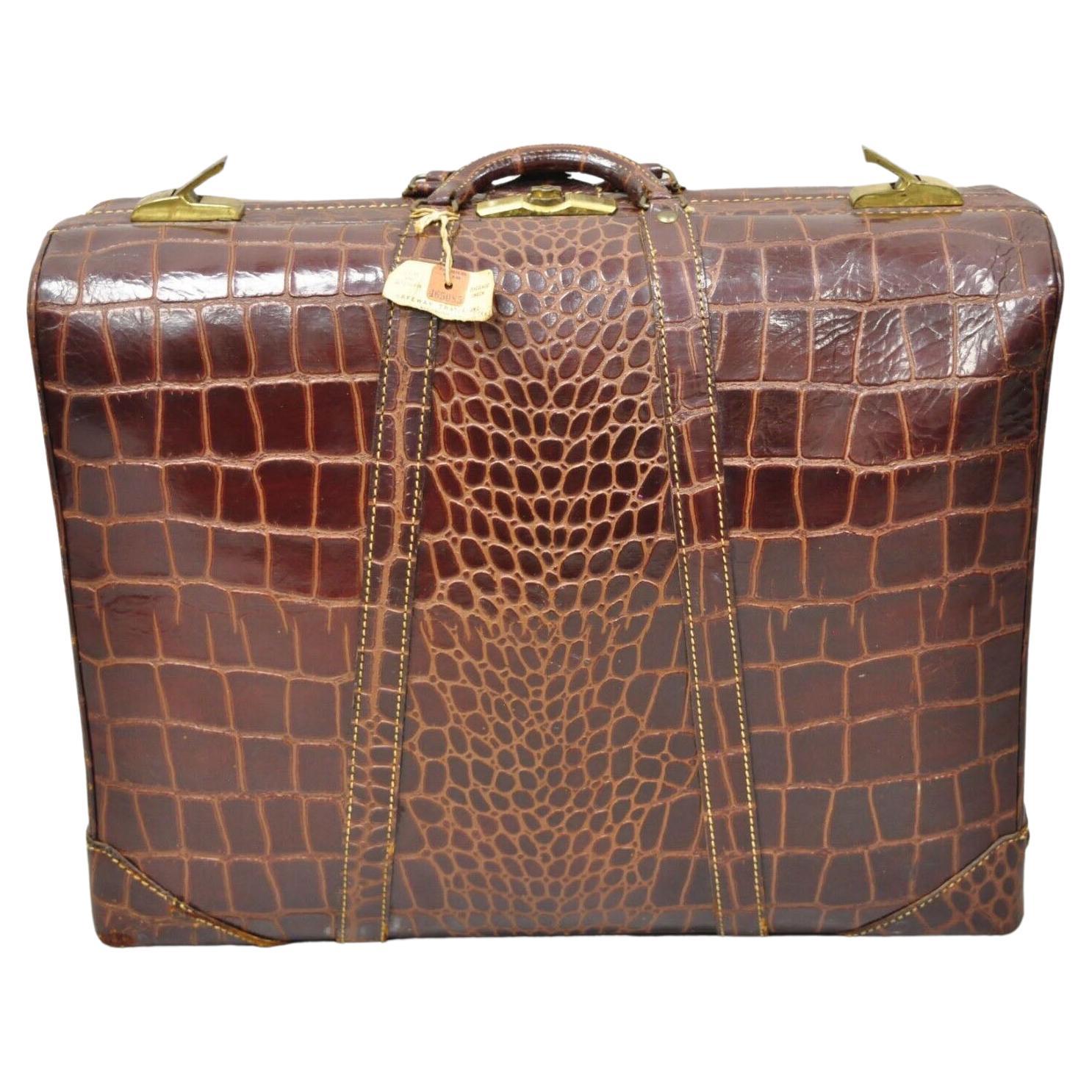Vintage Burgundy Leather Alligator Embossed Large Suitcase Luggage Bag
