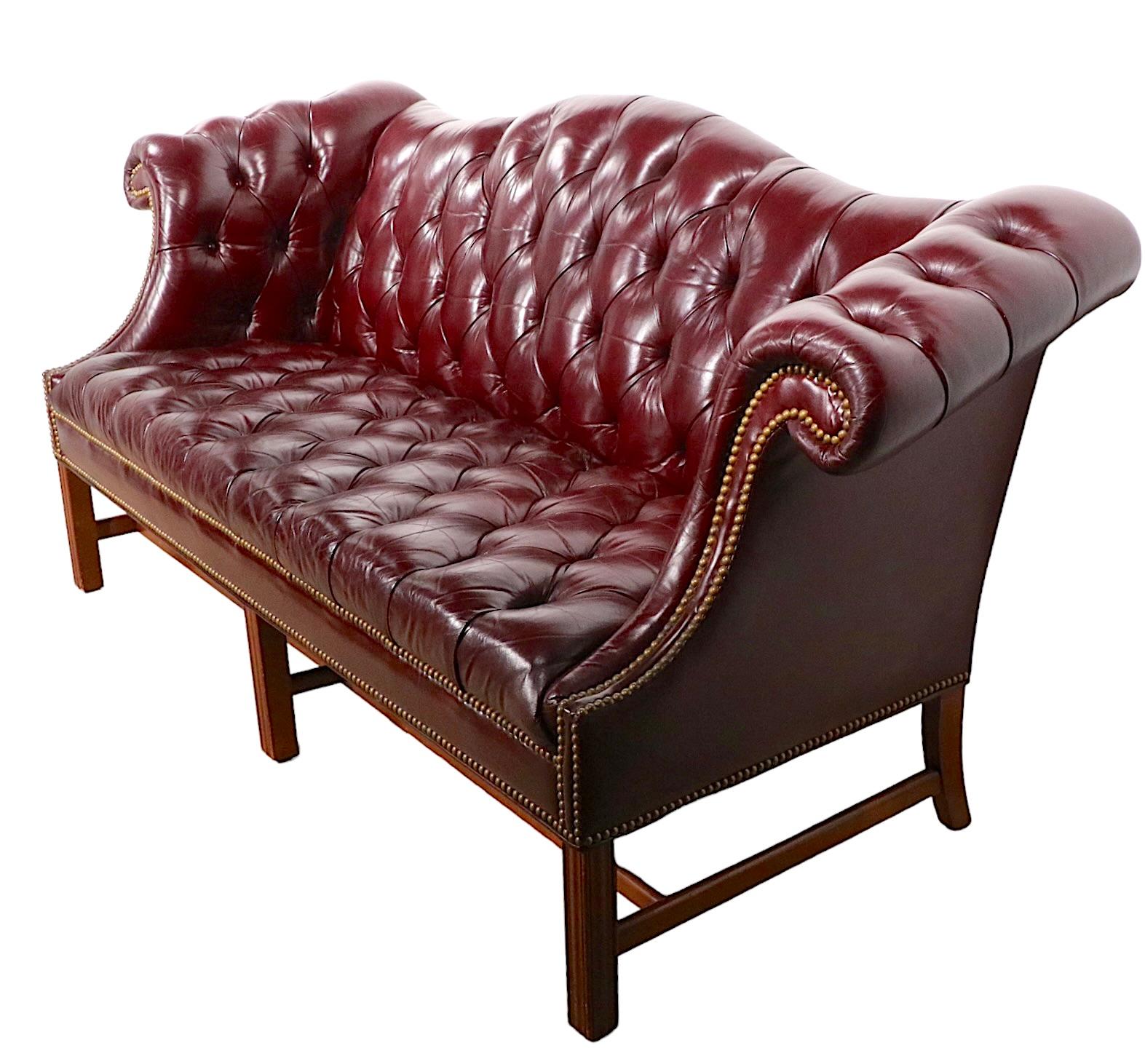 Vintage Burgundy Leather Chesterfield Sofa with Brass Nail Head Stud Trim 5
