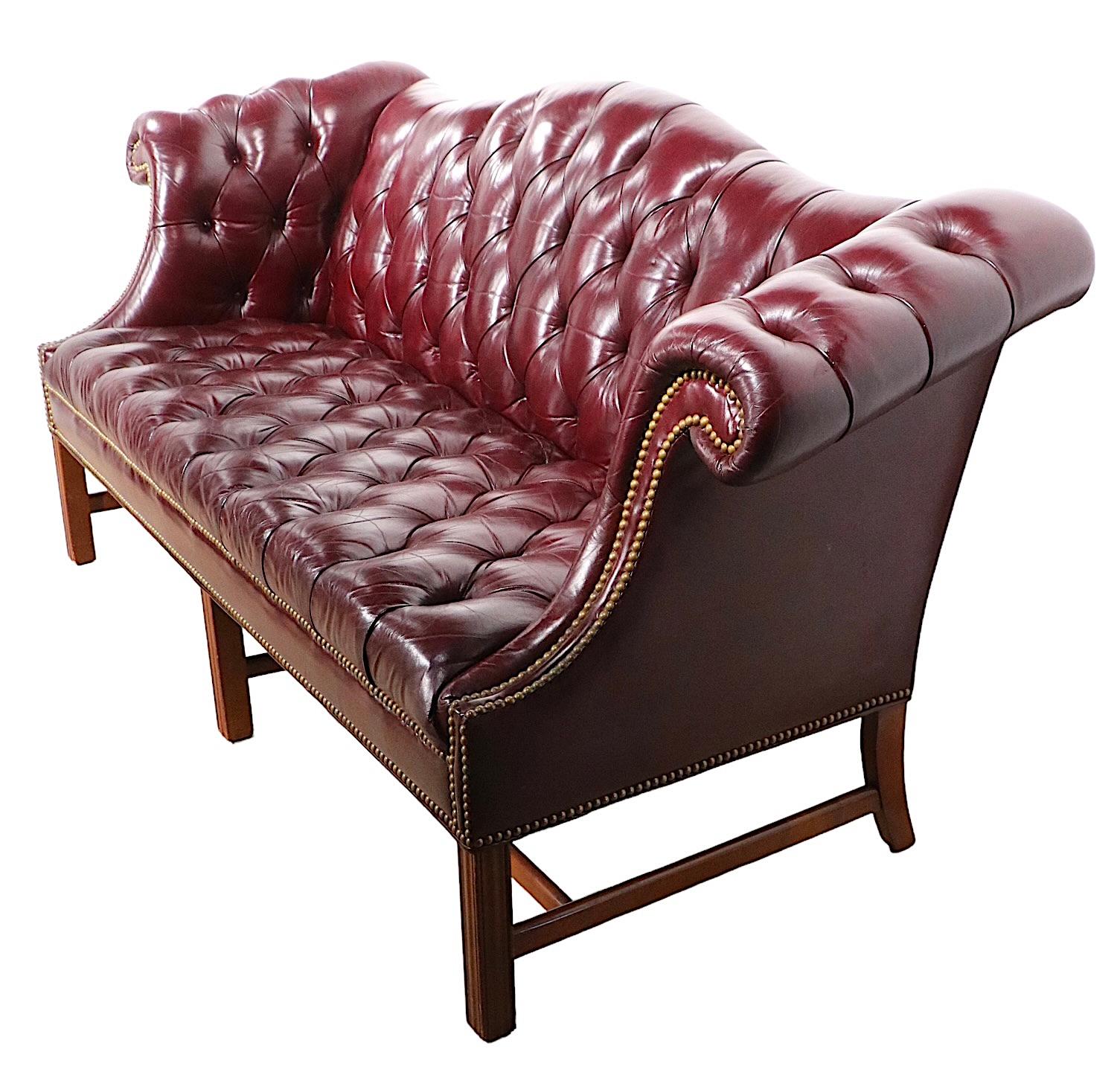 Vintage Burgundy Leather Chesterfield Sofa with Brass Nail Head Stud Trim 6