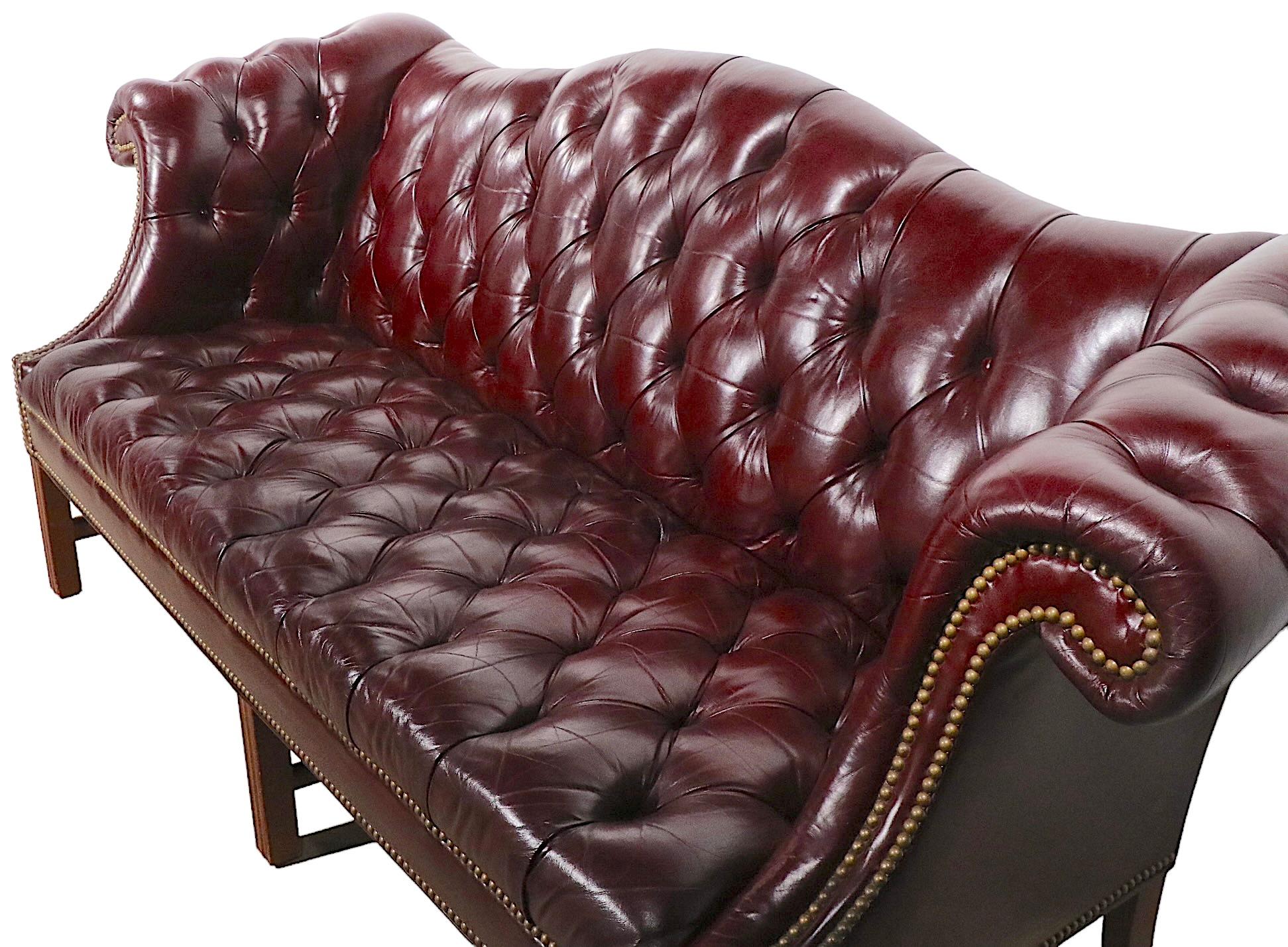 Vintage Burgundy Leather Chesterfield Sofa with Brass Nail Head Stud Trim 7