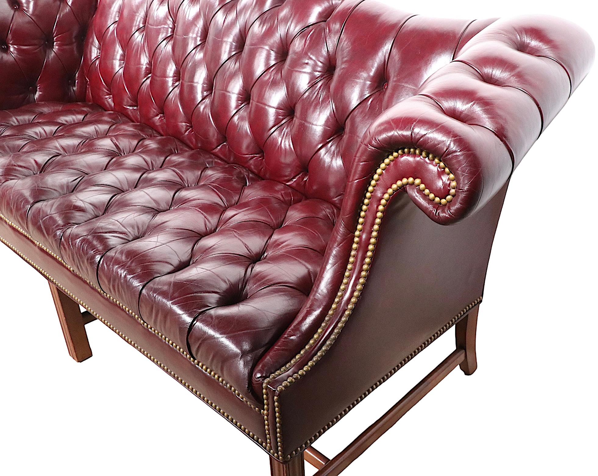 Vintage Burgundy Leather Chesterfield Sofa with Brass Nail Head Stud Trim 8