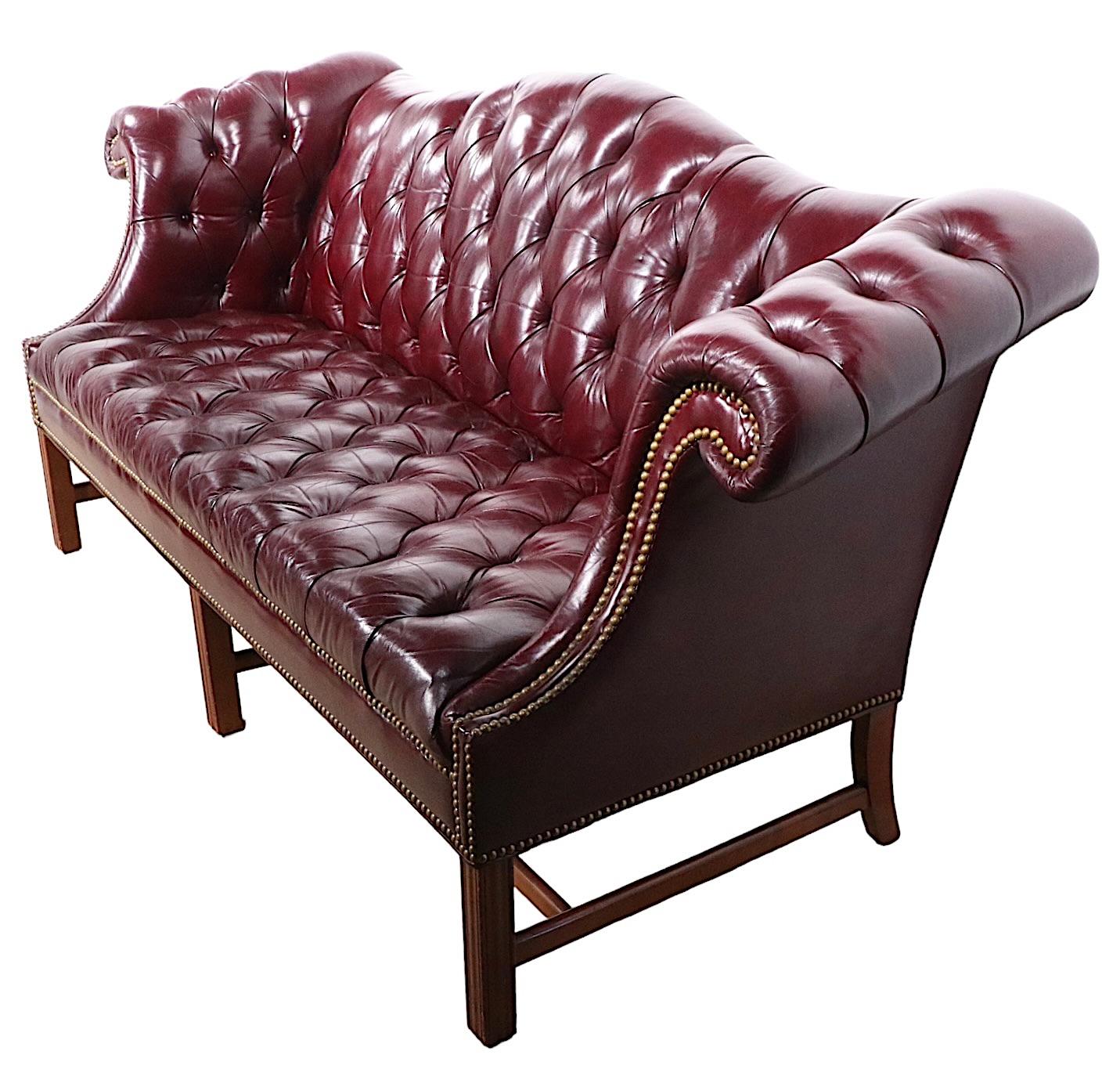 Vintage Burgundy Leather Chesterfield Sofa with Brass Nail Head Stud Trim 9