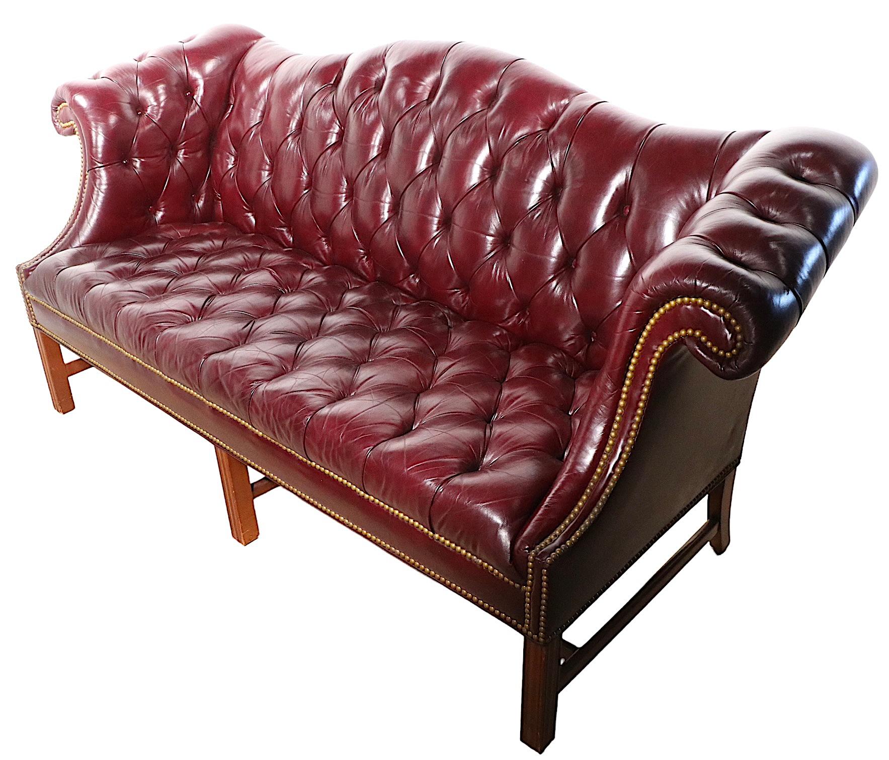 20th Century Vintage Burgundy Leather Chesterfield Sofa with Brass Nail Head Stud Trim