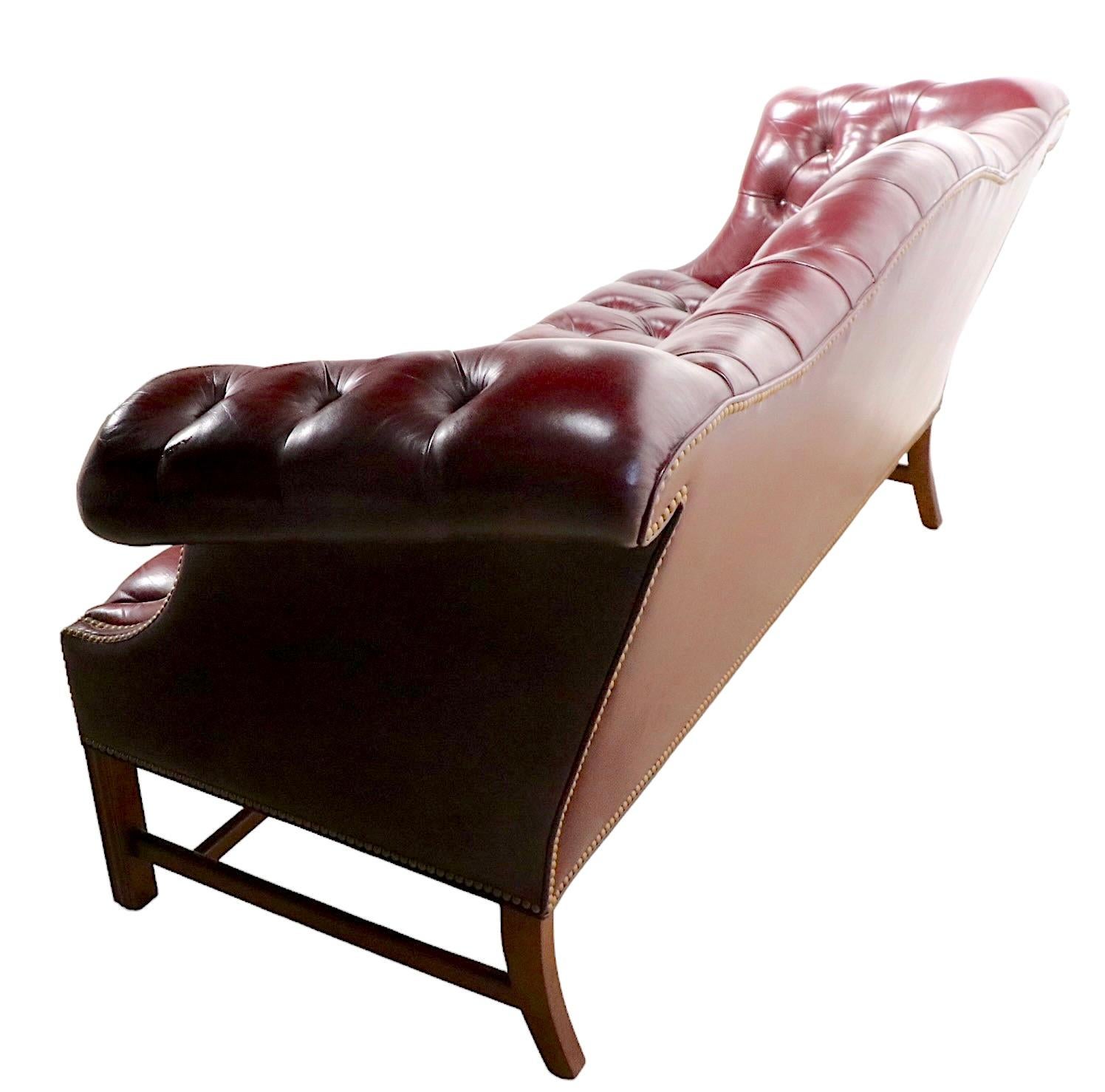 Vintage Burgundy Leather Chesterfield Sofa with Brass Nail Head Stud Trim 1
