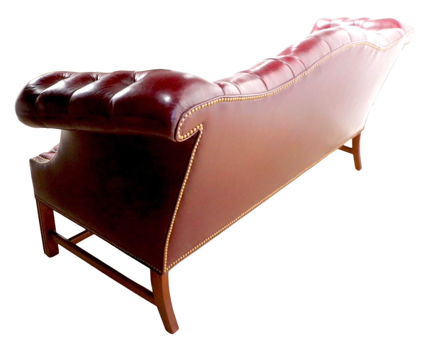 Vintage Burgundy Leather Chesterfield Sofa with Brass Nail Head Stud Trim 2