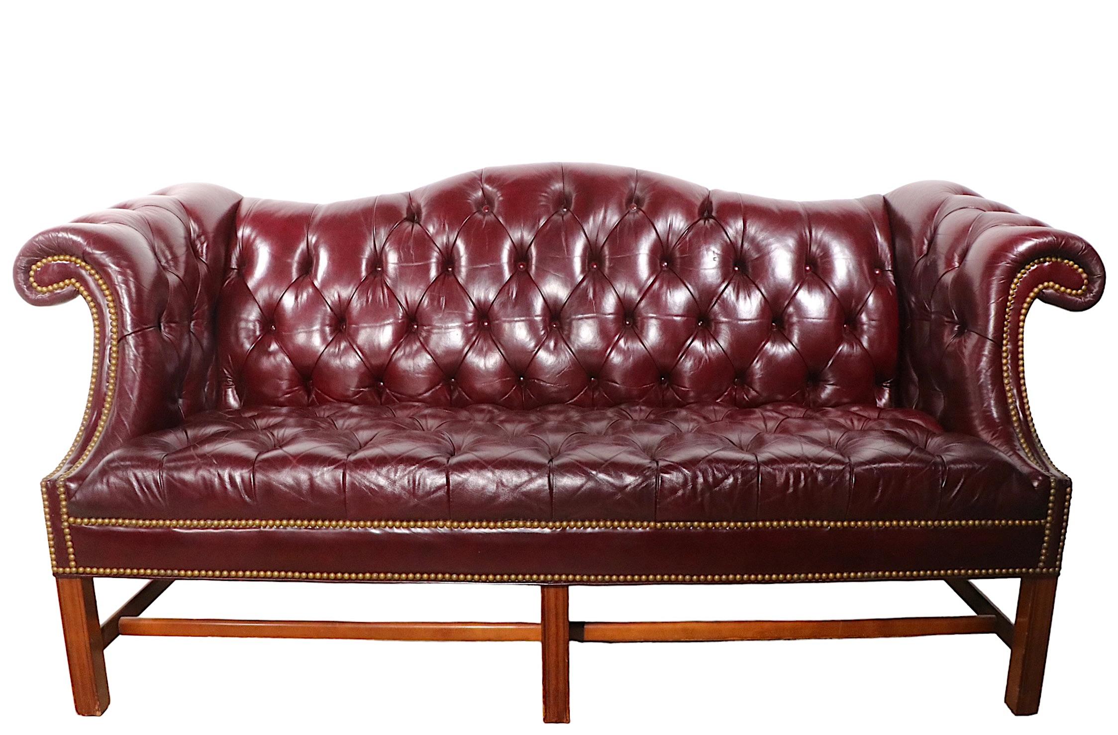 Vintage Burgundy Leather Chesterfield Sofa with Brass Nail Head Stud Trim 3