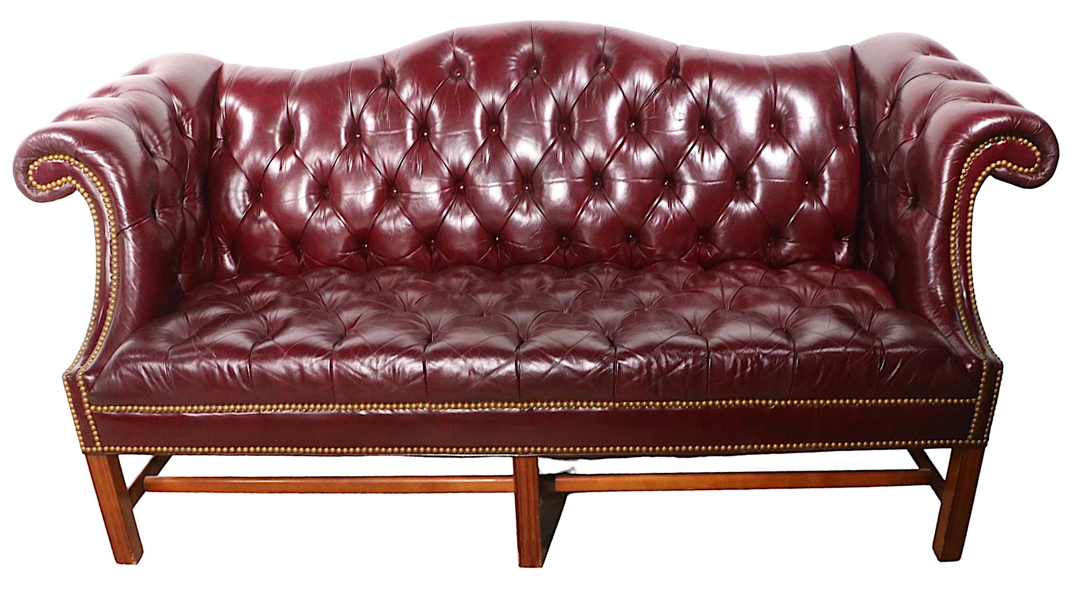 Vintage Burgundy Leather Chesterfield Sofa with Brass Nail Head Stud Trim 4