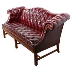 Vintage Burgundy Leather Chesterfield Sofa with Brass Nail Head Stud Trim
