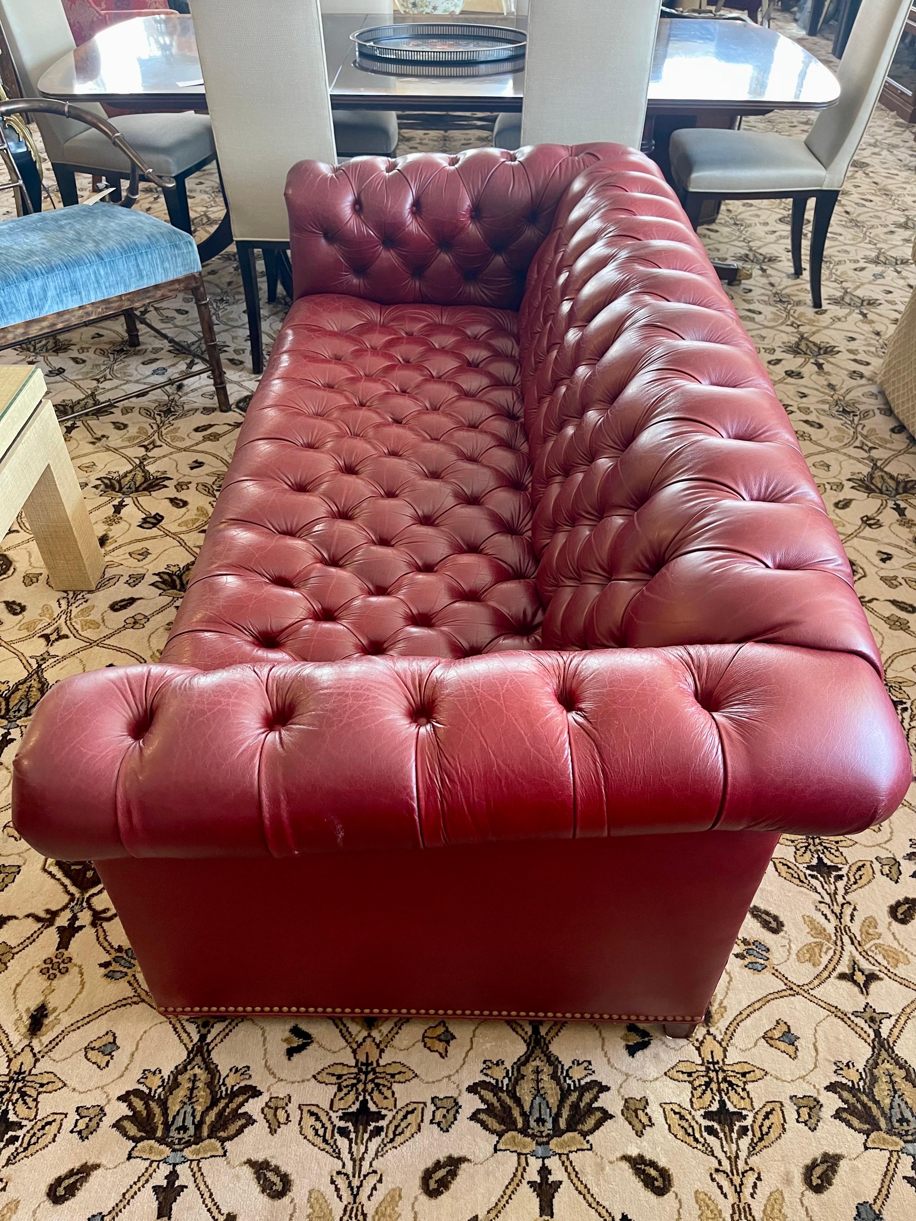 American Vintage Burgundy Red Chesterfield Tufted Nailhead Sofa