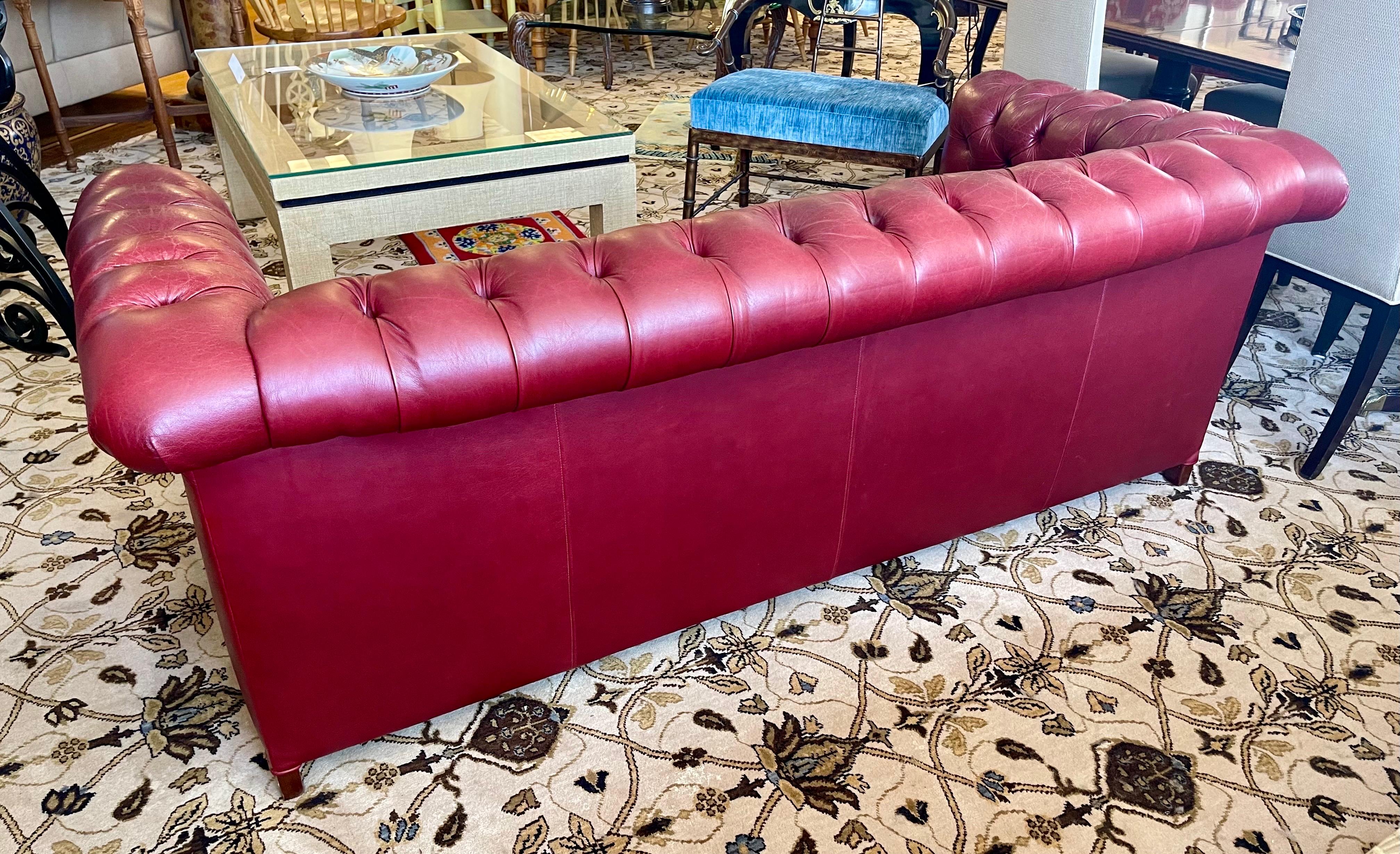 Vintage Burgundy Red Chesterfield Tufted Nailhead Sofa In Good Condition In West Hartford, CT