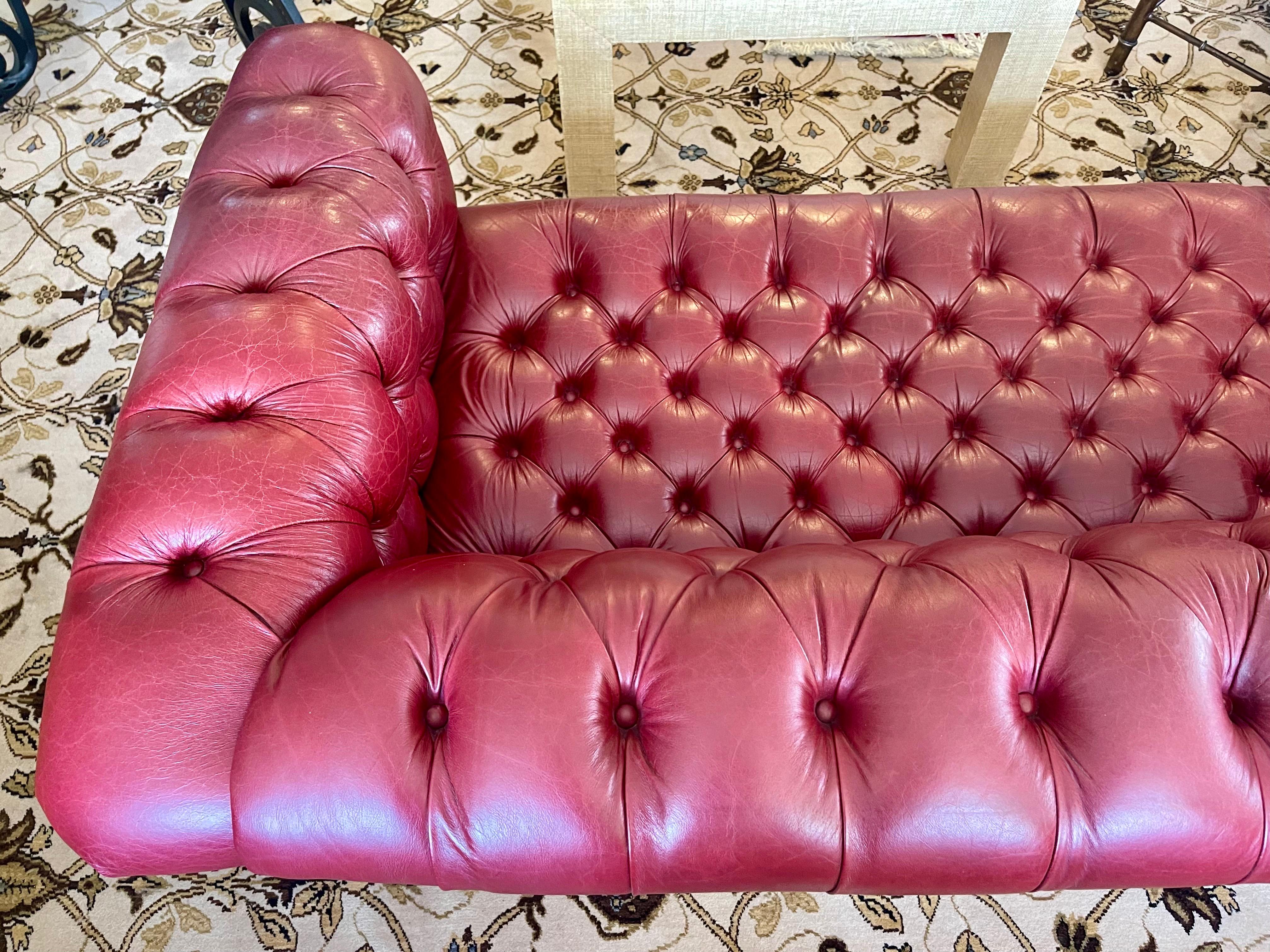 Brass Vintage Burgundy Red Chesterfield Tufted Nailhead Sofa