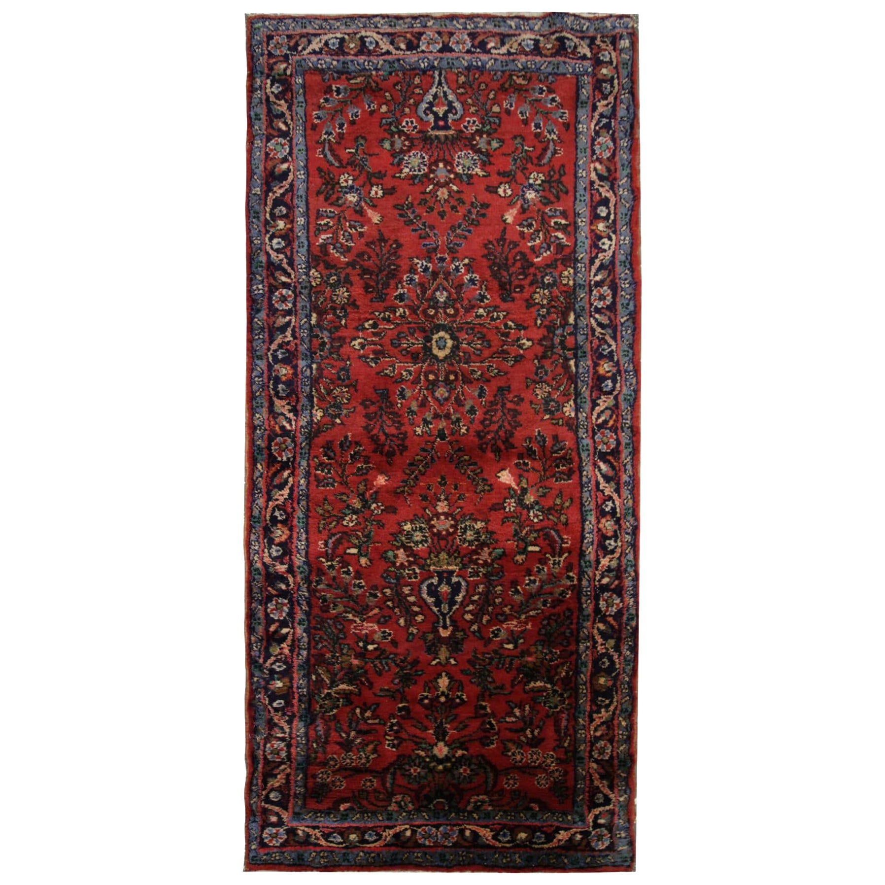 Tappeto vintage rosso borgogna floreale rustico in lana tradizionale