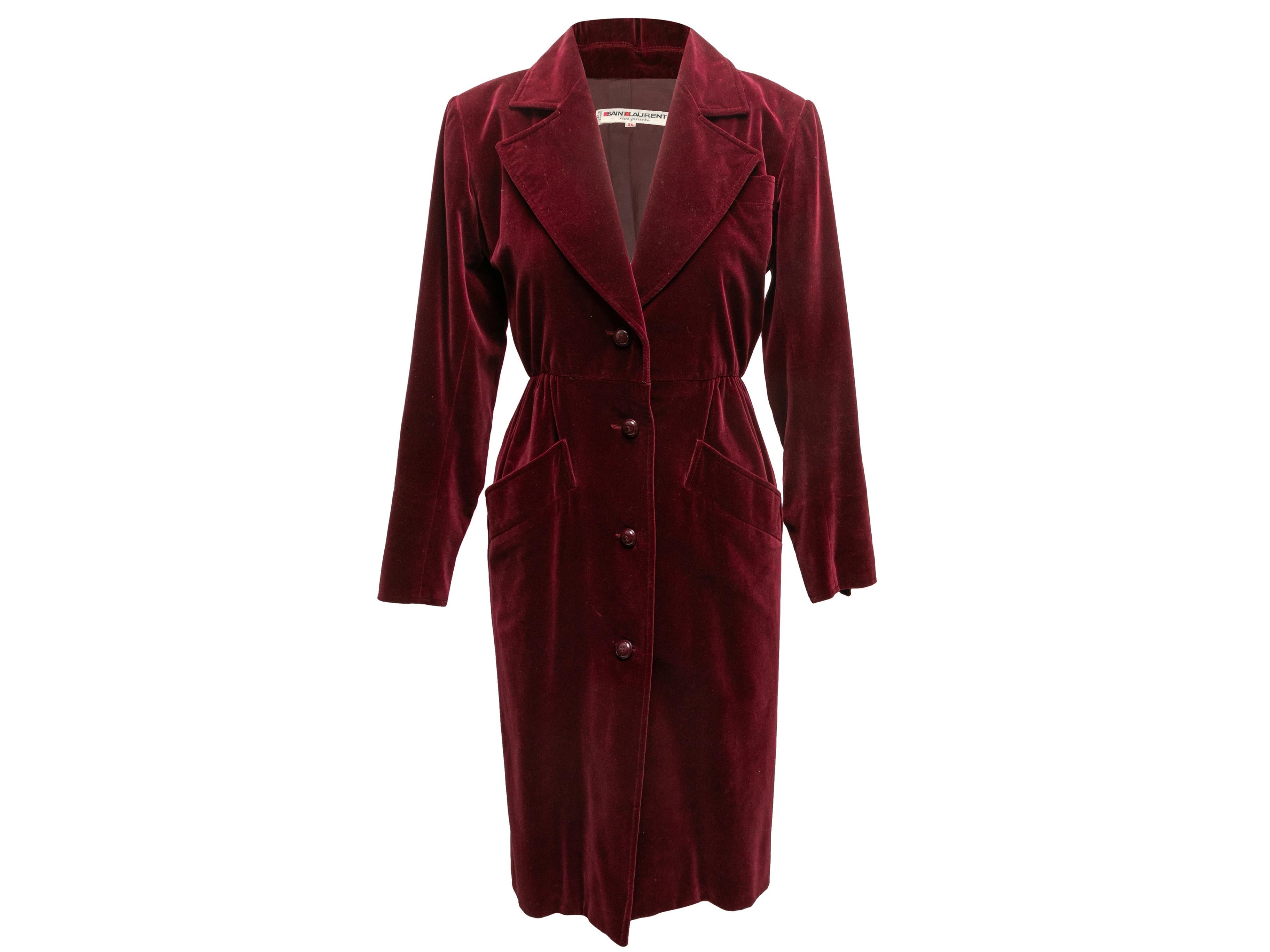 Vintage Burgundy Saint Laurent Rive Gauche Velvet Coat Size FR 36 In Good Condition For Sale In New York, NY