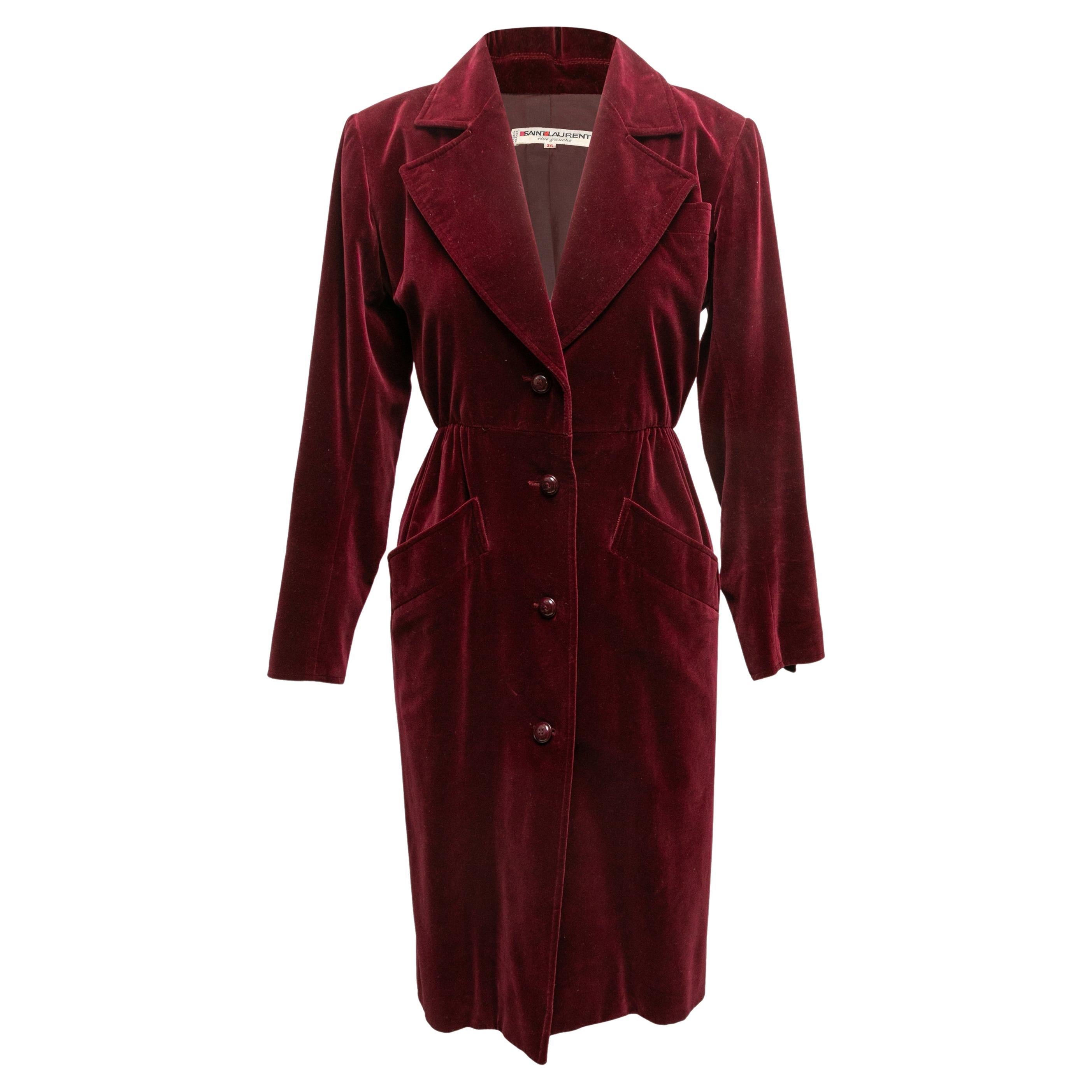 Vintage Burgundy Saint Laurent Rive Gauche Velvet Coat Size FR 36 For Sale