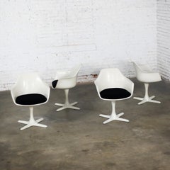Vintage Burke Tulip Swivel Armchairs No 116 White Shell Black Cushions Set of 4