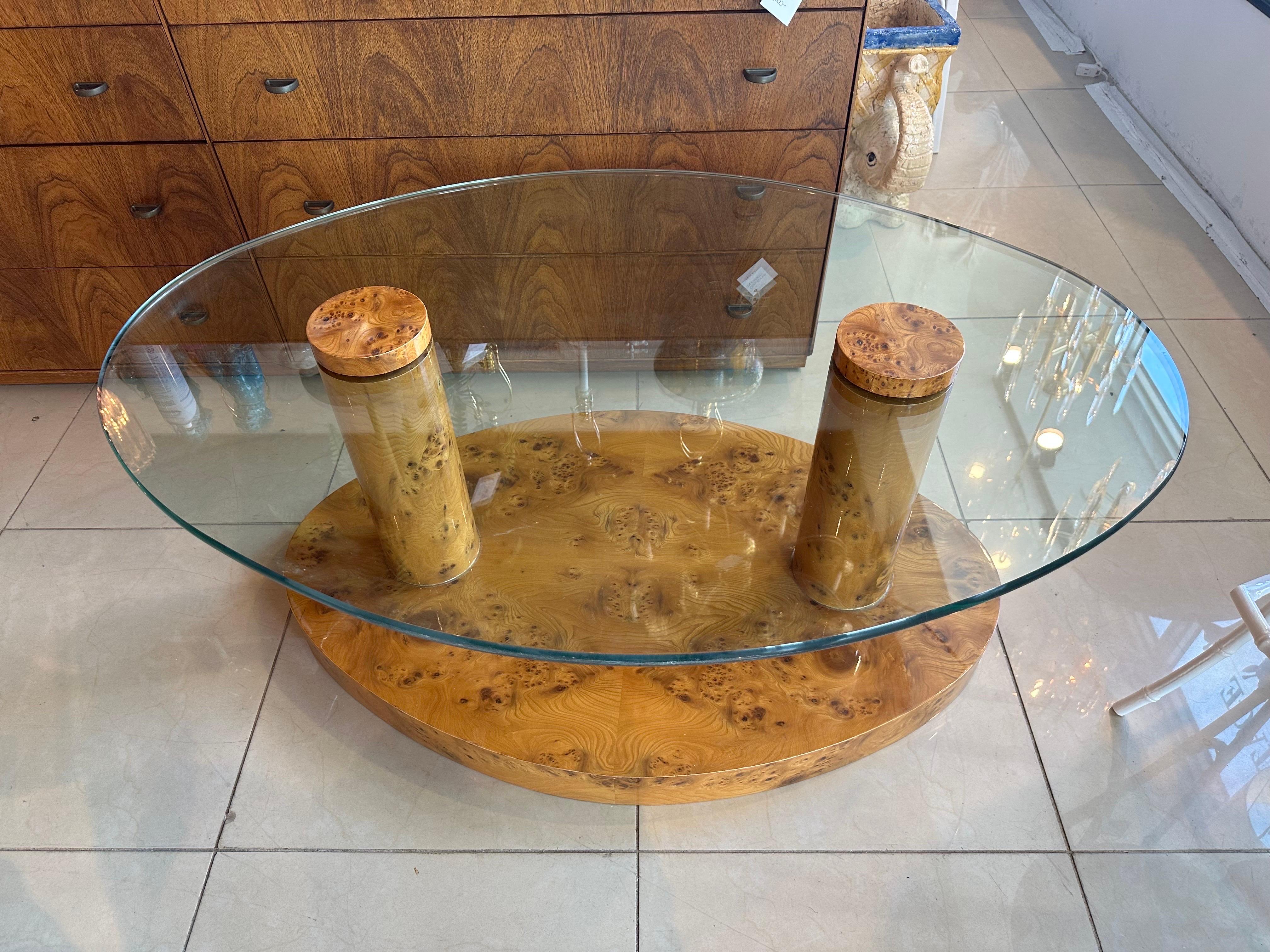 Vintage Burl Burled Wood Coffee Cocktail Table Oval Glass Top Mid Century Modern 4