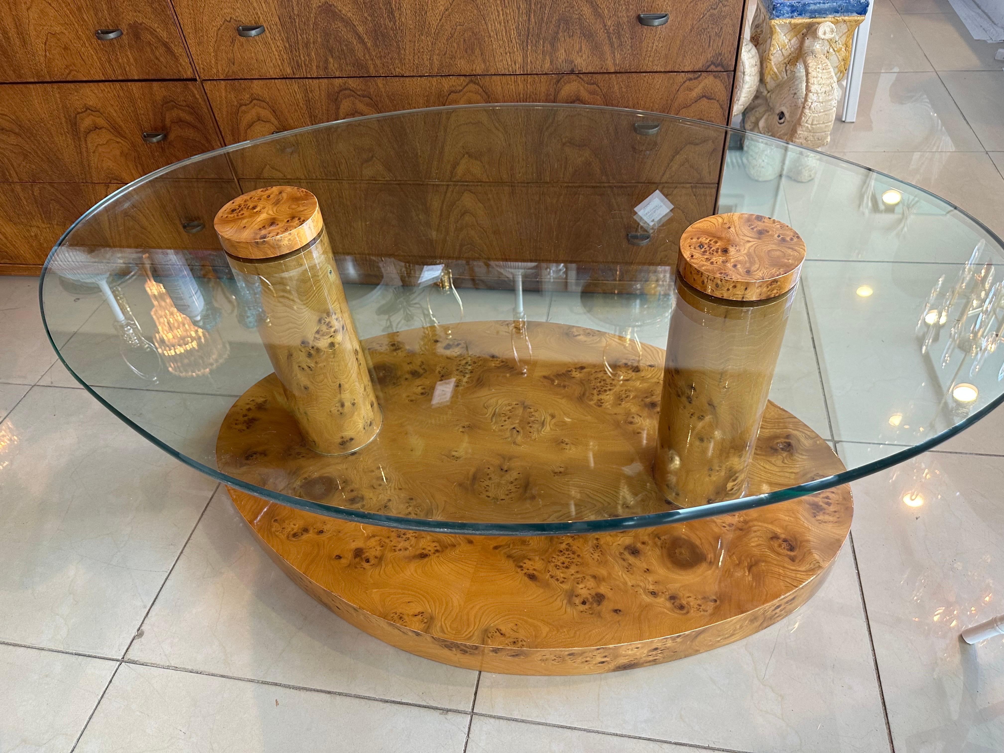 Lovely vintage burl wood Burled coffee cocktail table. The glass sits on top and the burl cap screw down on it. Original glass may have minor scratches. Dimensions: 18.5 H x 46 W x 31.5 D. Perfect for a yacht!  