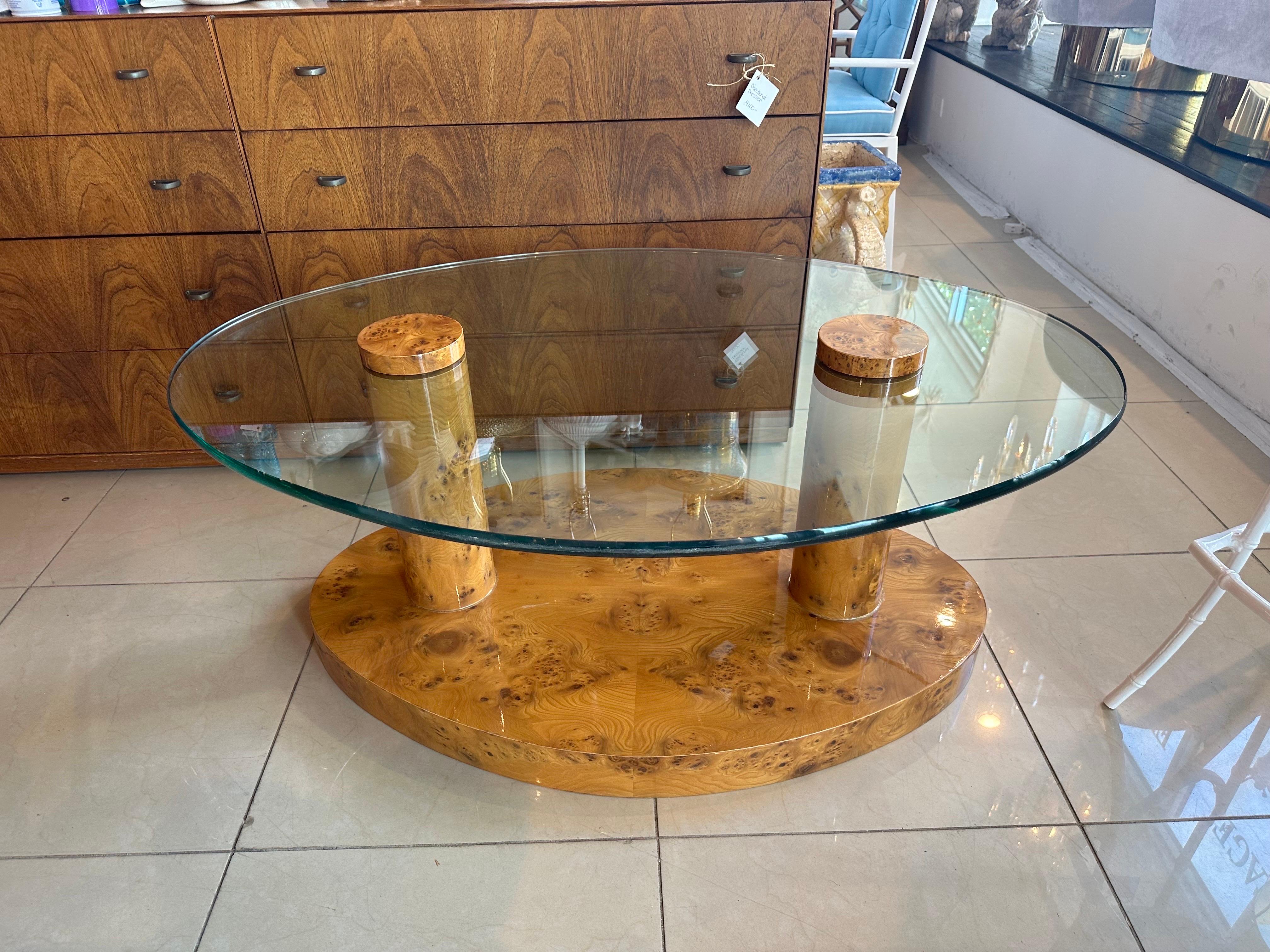 Mid-Century Modern Vintage Burl Burled Wood Coffee Cocktail Table Oval Glass Top Mid Century Modern