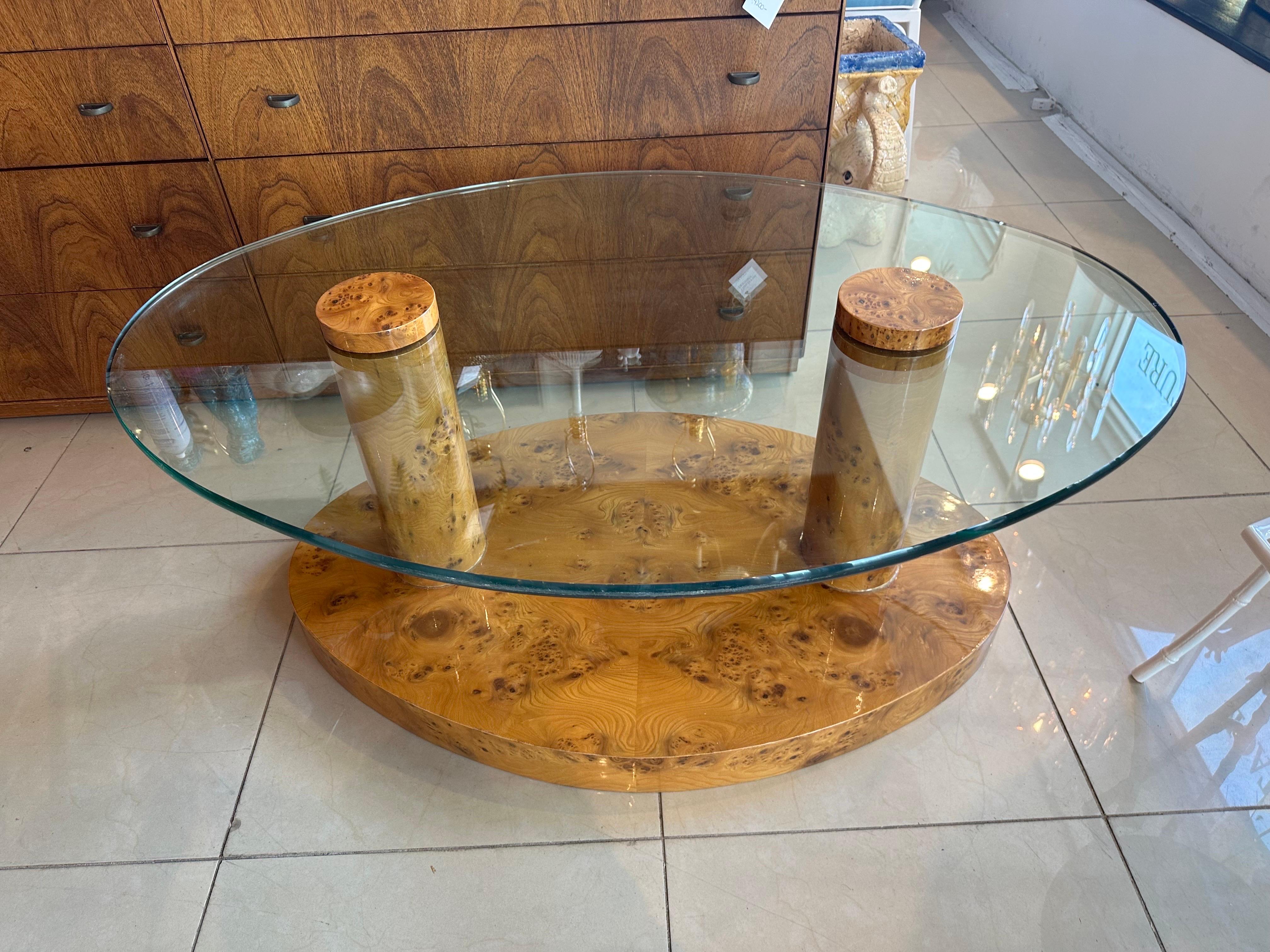 Vintage Burl Burled Wood Coffee Cocktail Table Oval Glass Top Mid Century Modern In Good Condition For Sale In West Palm Beach, FL