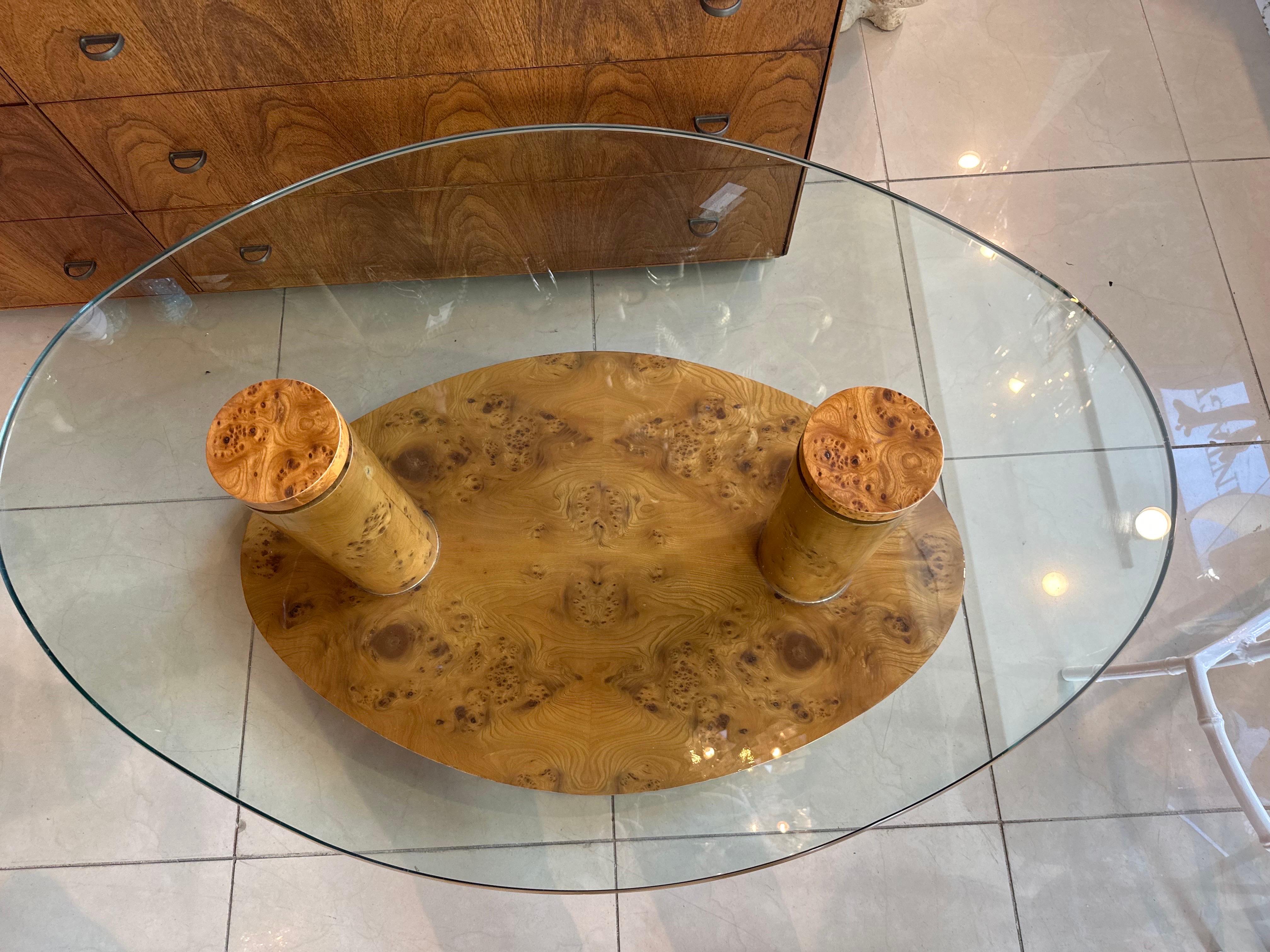 Vintage Burl Burled Wood Coffee Cocktail Table Oval Glass Top Mid Century Modern For Sale 3
