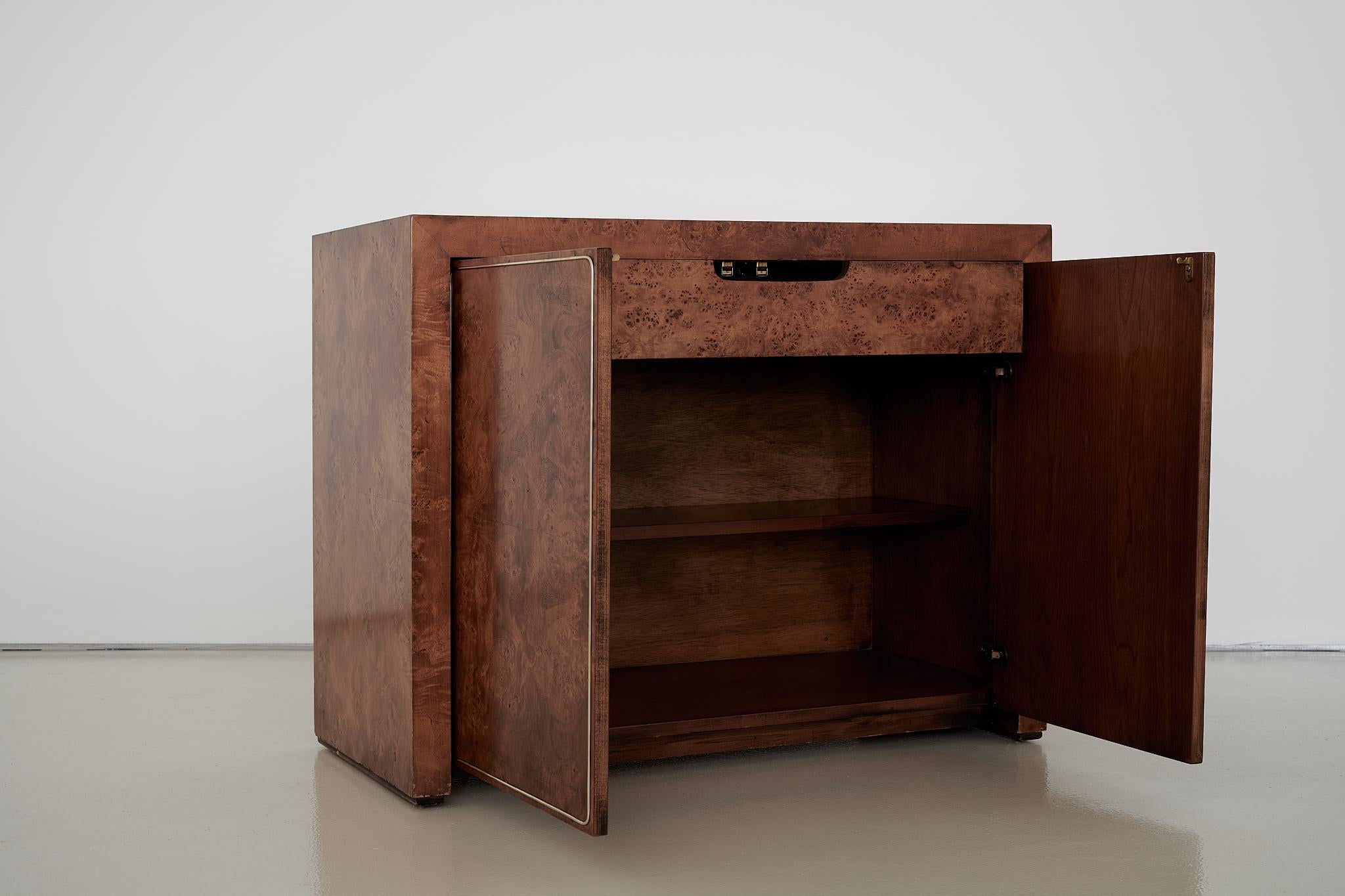 Mid-Century Modern Vintage Burl Cabinet with Brass Inlay by Heckman Furniture