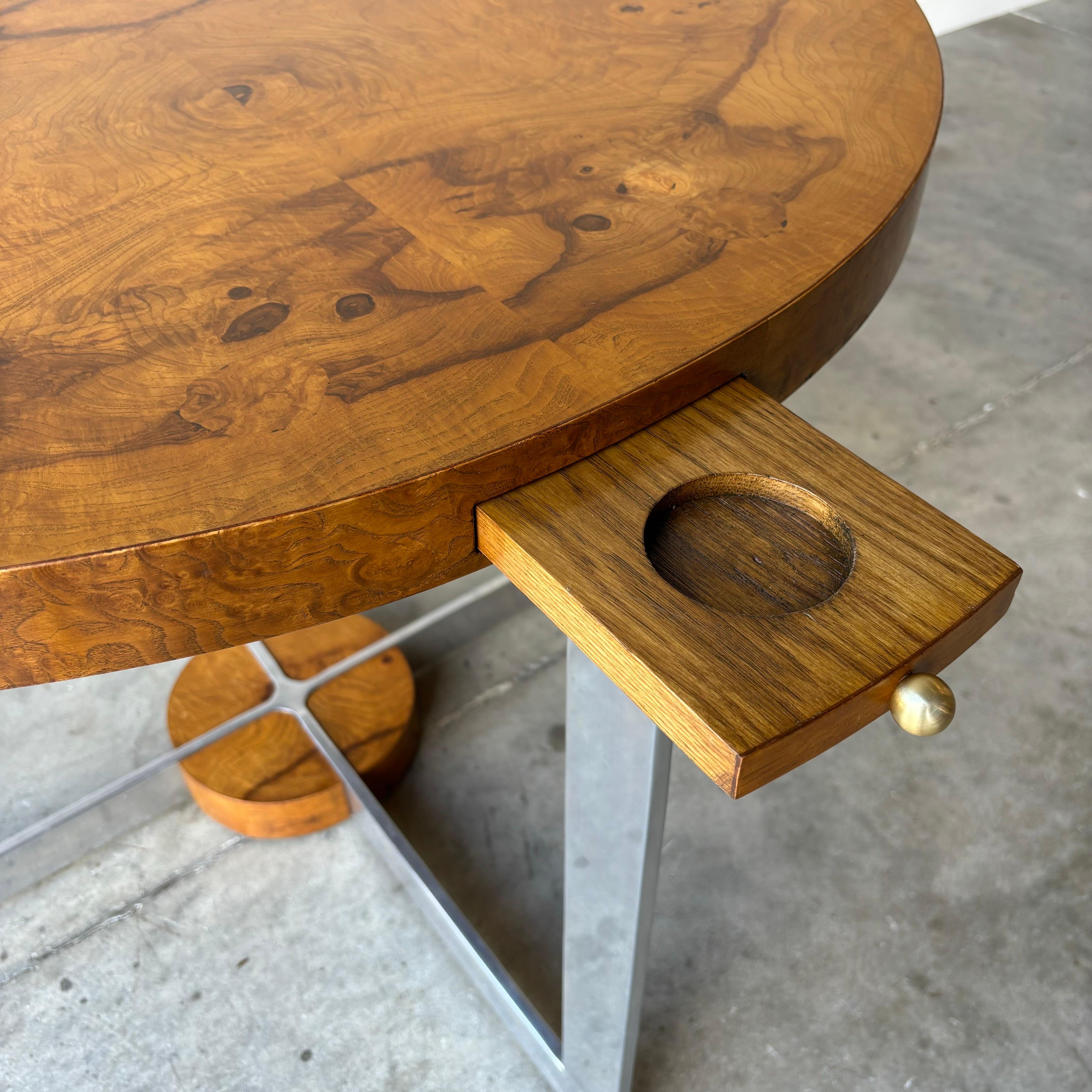 Aluminum Mid Century Modern, Milo Baughman Style Burl Game Table For Sale