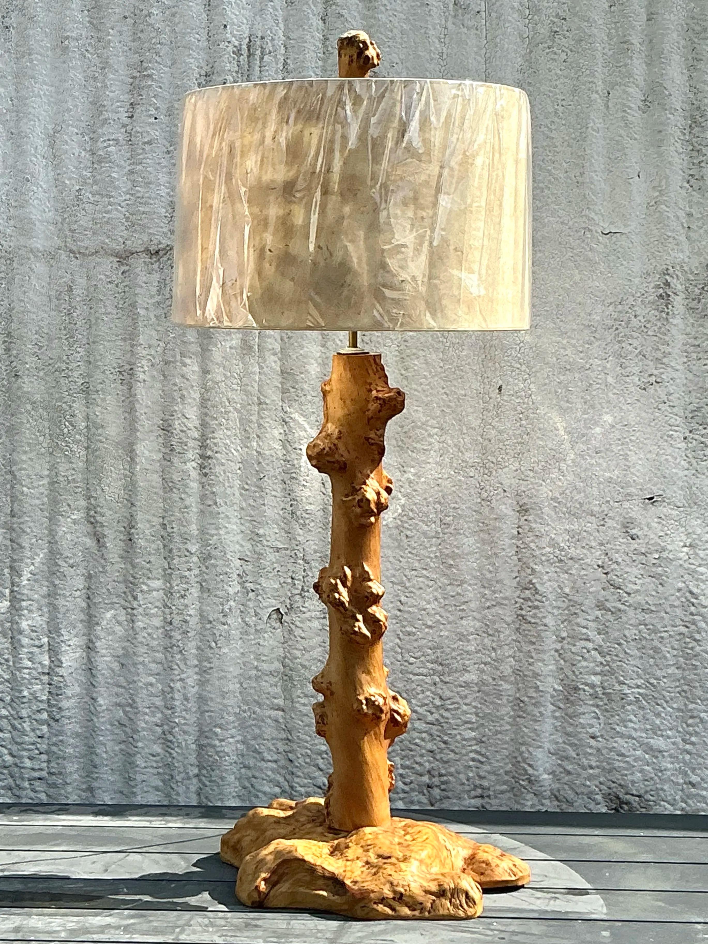Vintage Burl Knot Table Lamp With Coordinating Wood Shade For Sale 4
